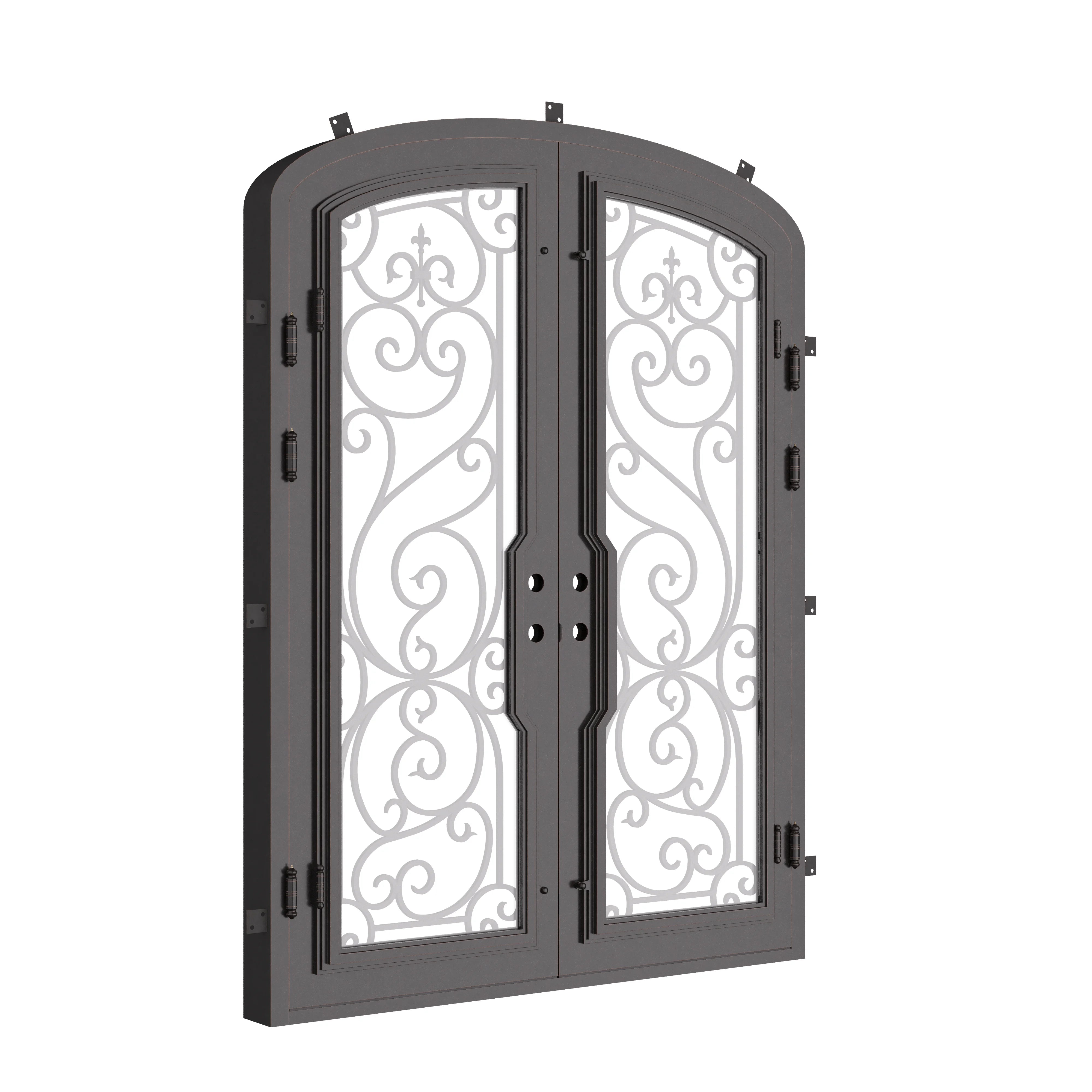 Hills arch double entry door in bronze color with glass windows.