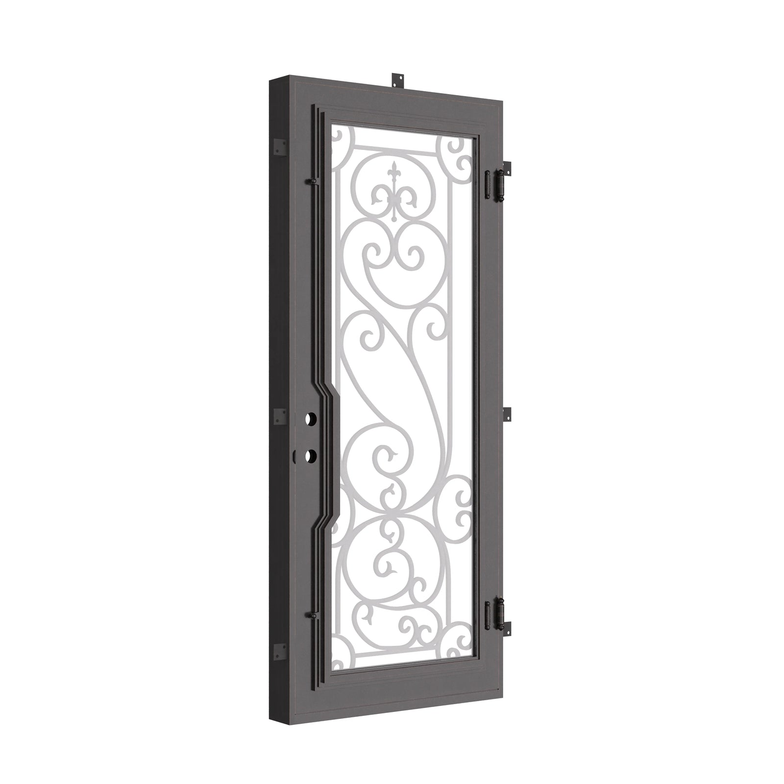 Hills Bronze color flat top single door with tempered glass and scrollwork.
