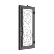 Hills Bronze color flat top single door with tempered glass and scrollwork.