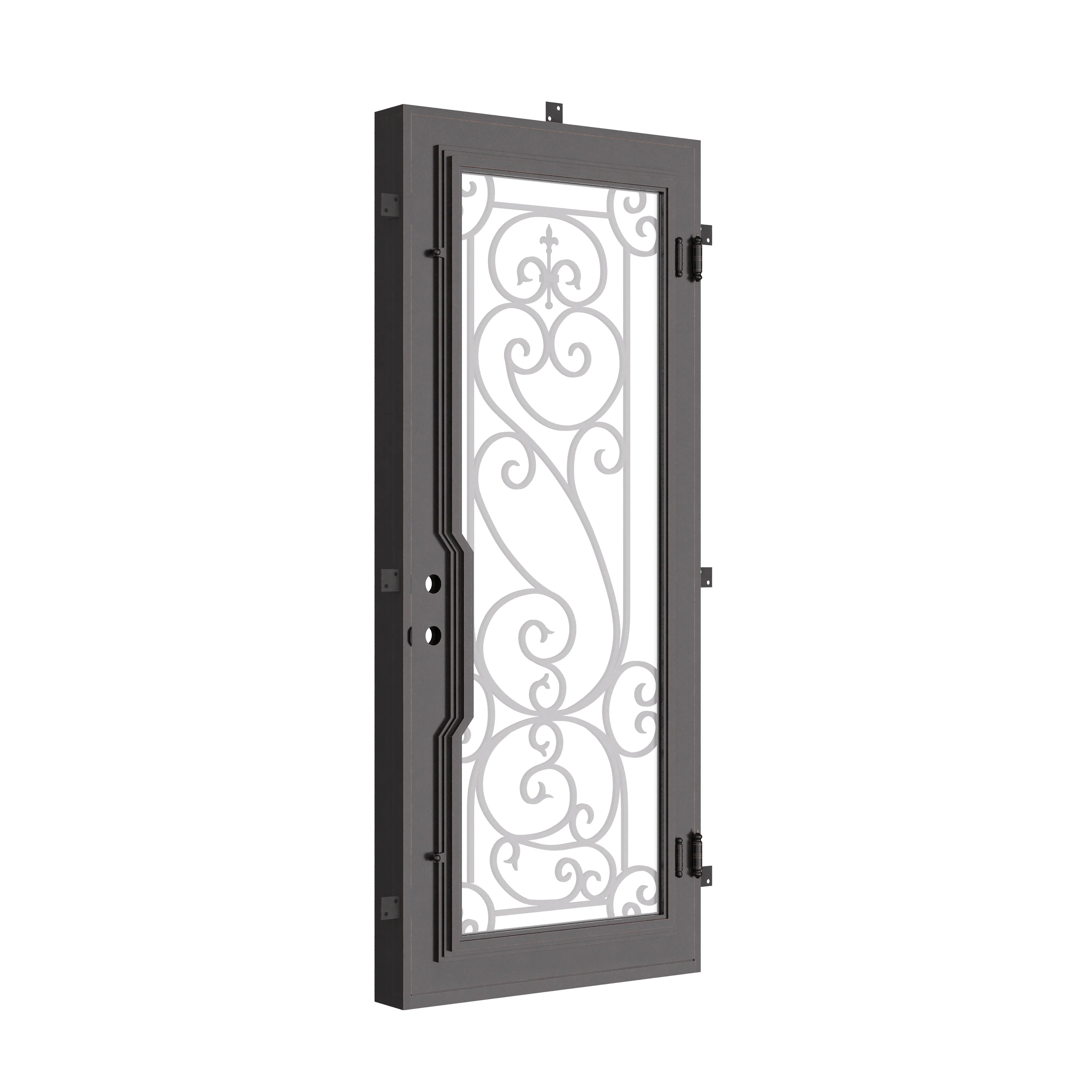 Hills Bronze color flat top single door with tempered glass and scrollwork.