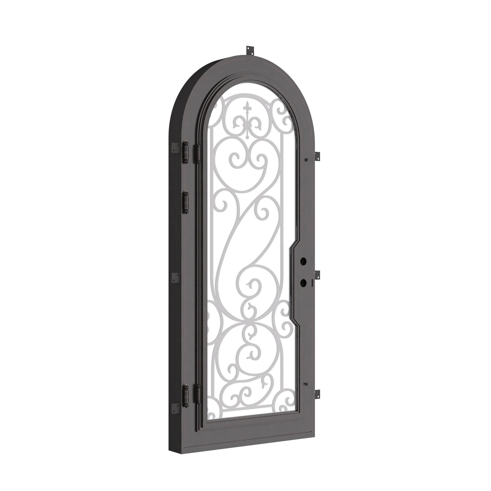 Hills single round top single door with ornate scrollwork and thick glass.