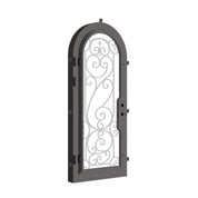 Hills single round top single door with ornate scrollwork and thick glass.