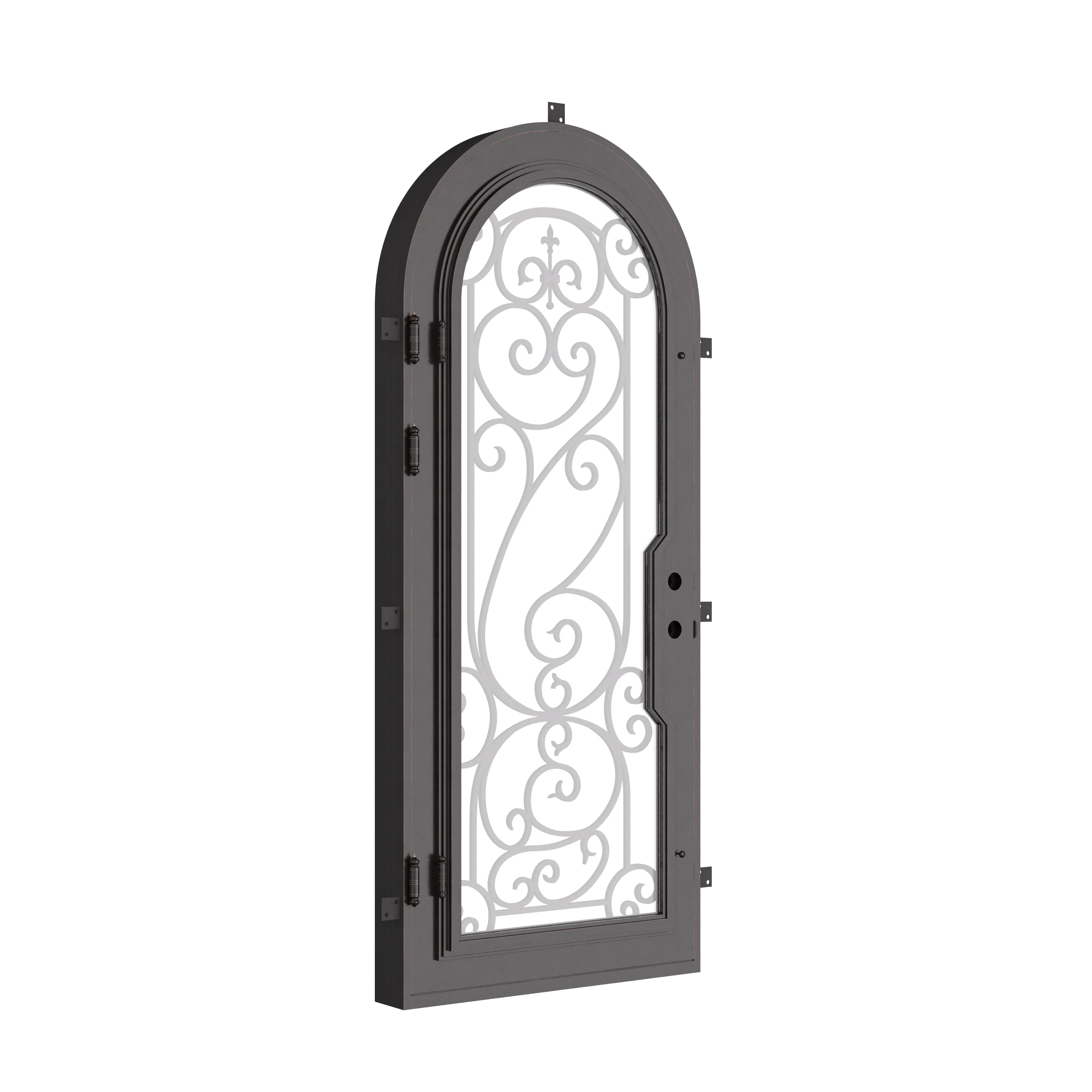 Hills single round top single door with ornate scrollwork and thick glass.