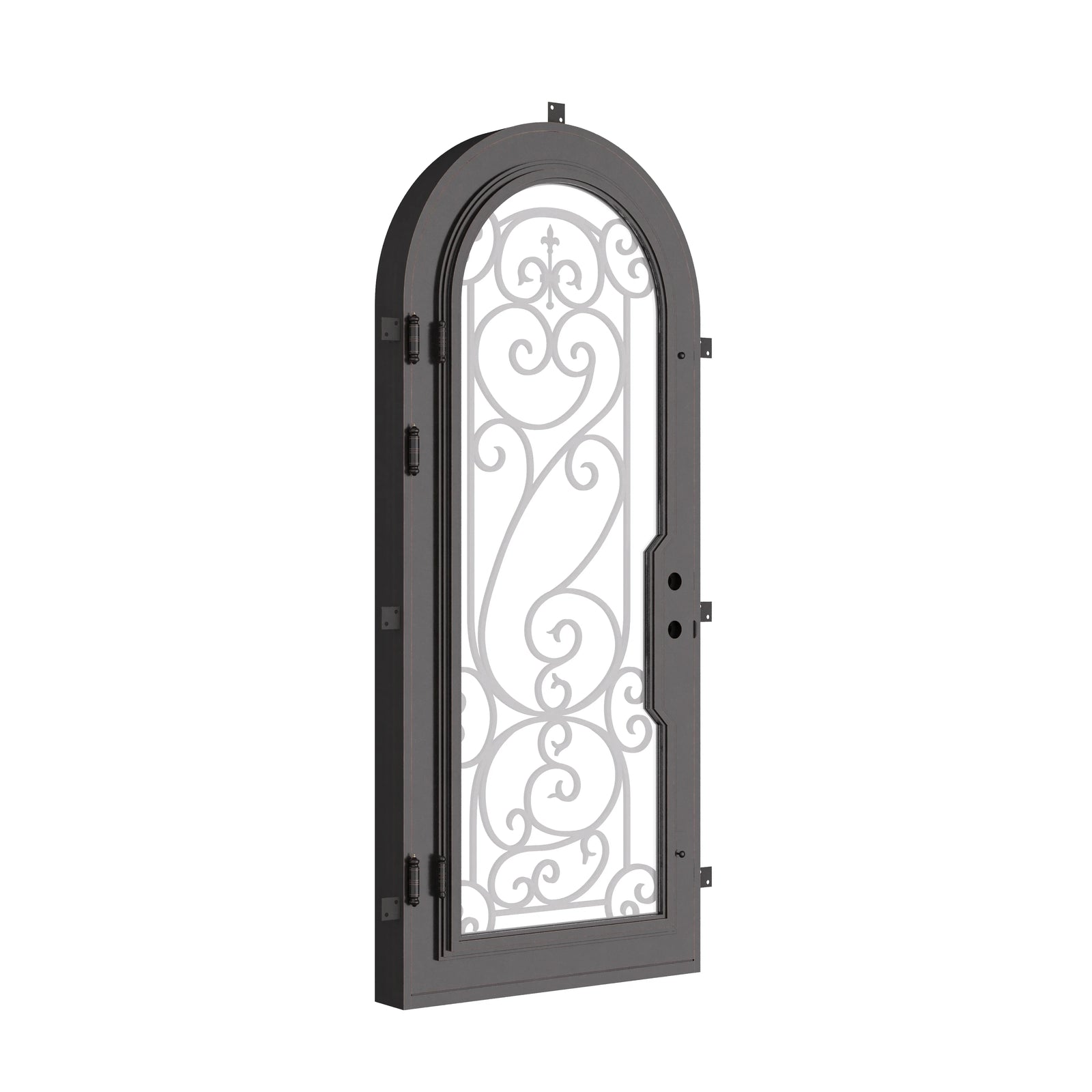 Hills pre-hung bronze color metal single full arch door with tempered glass.