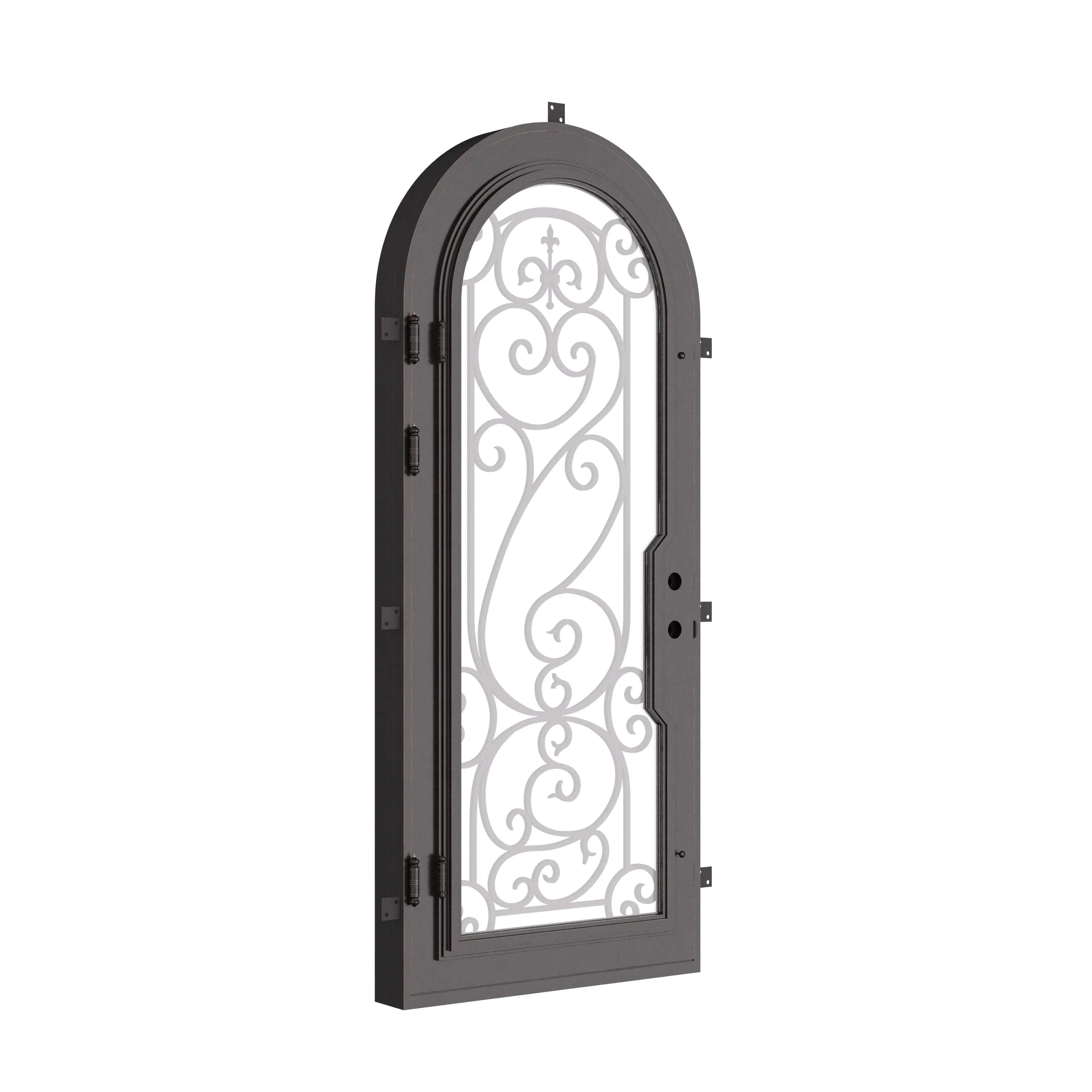 Hills pre-hung bronze color metal single full arch door with tempered glass.