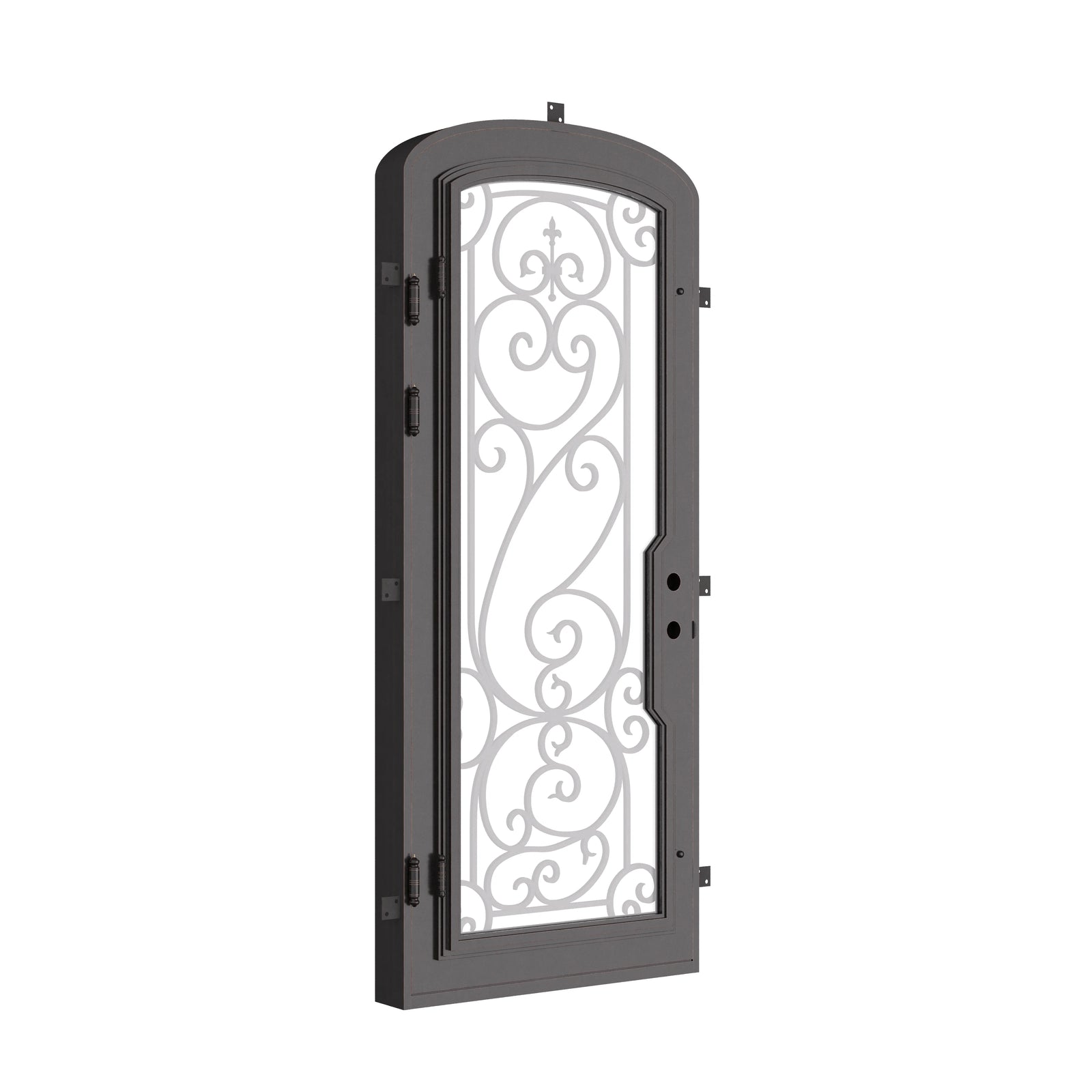Hills architectural bronze iron mini arch top single door with double-pane glass.