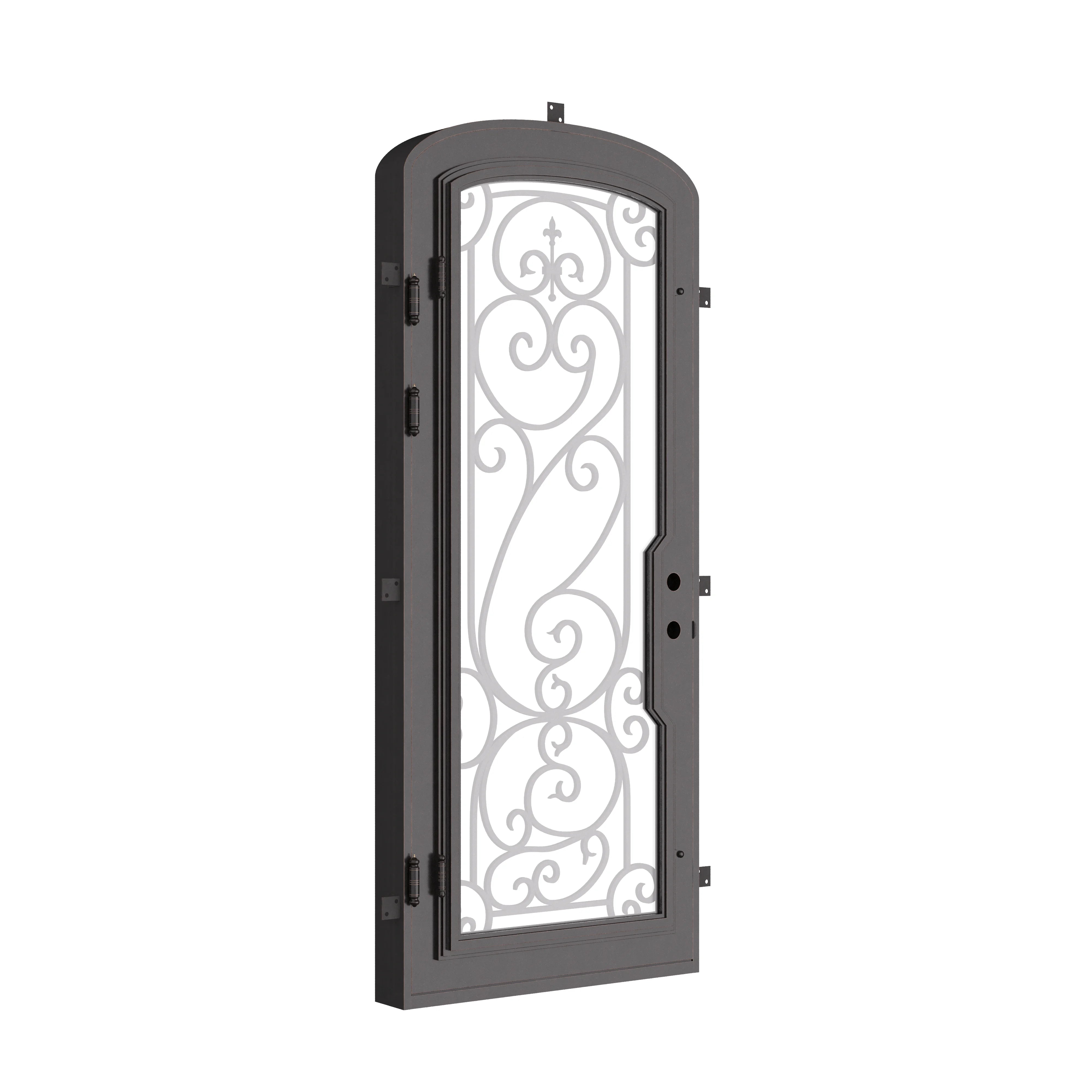 Hills architectural bronze iron mini arch top single door with double-pane glass.