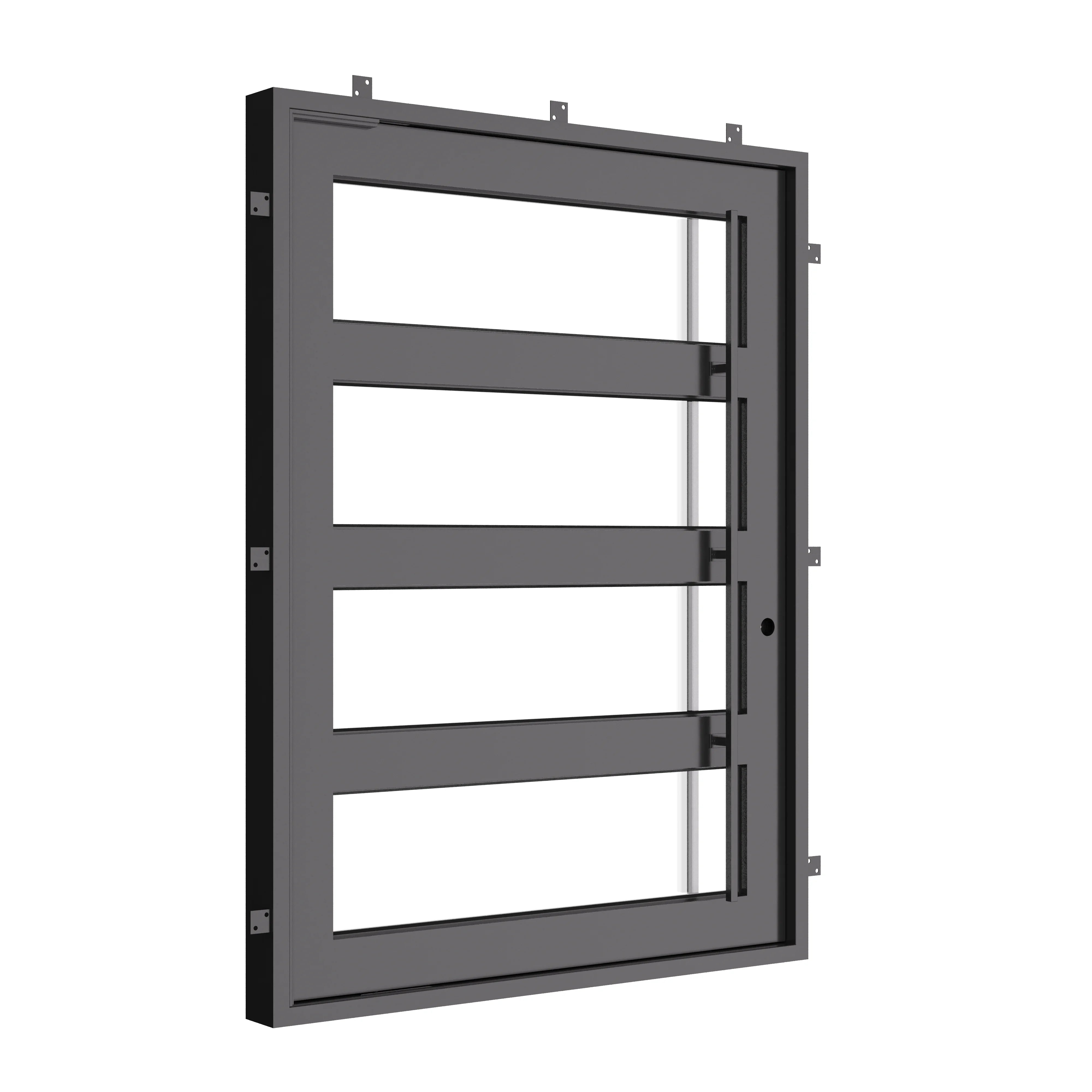 Knox pivot door with simple metalwork in black color and flat top.