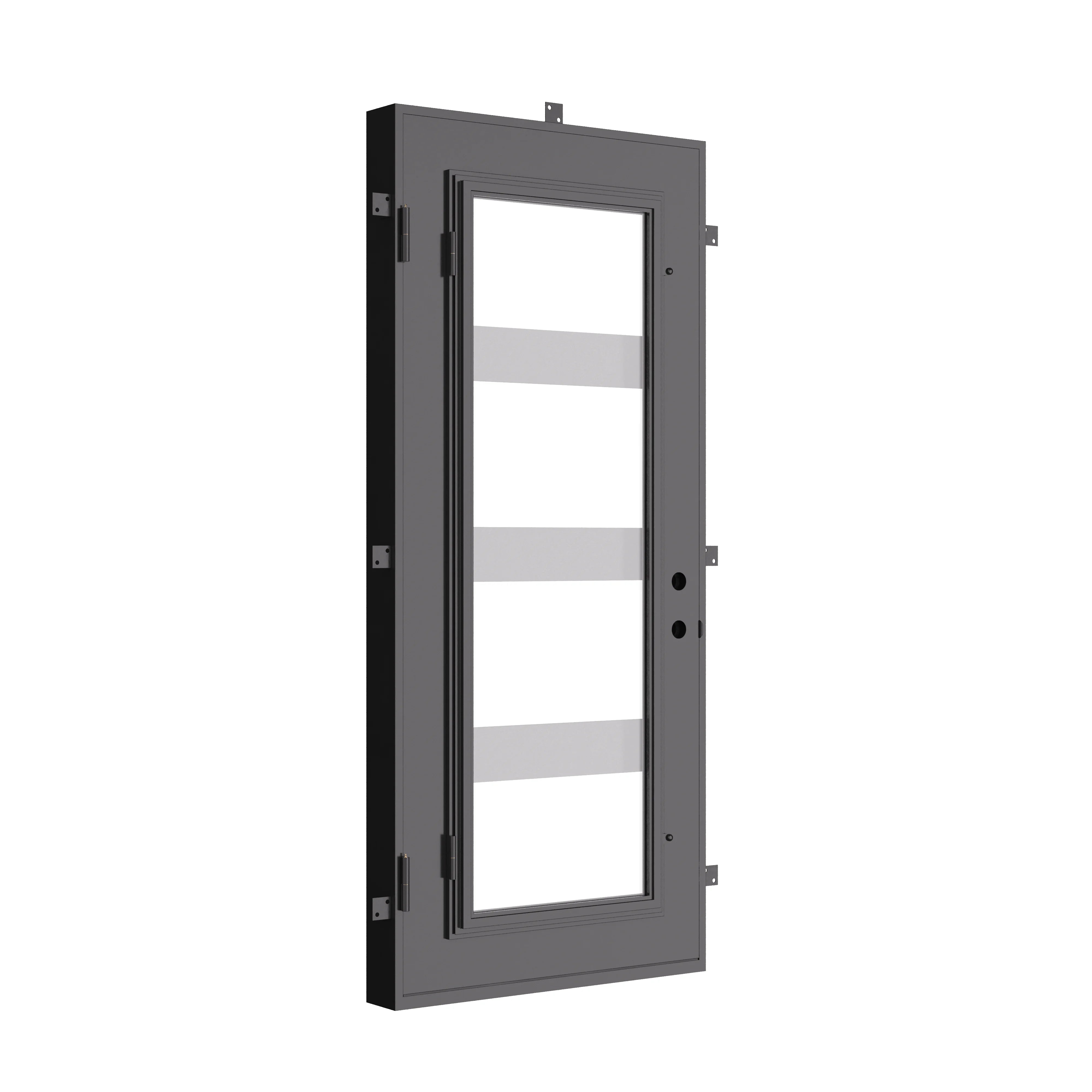 Knox Black flat top single entry door with dual-pane glass insert.