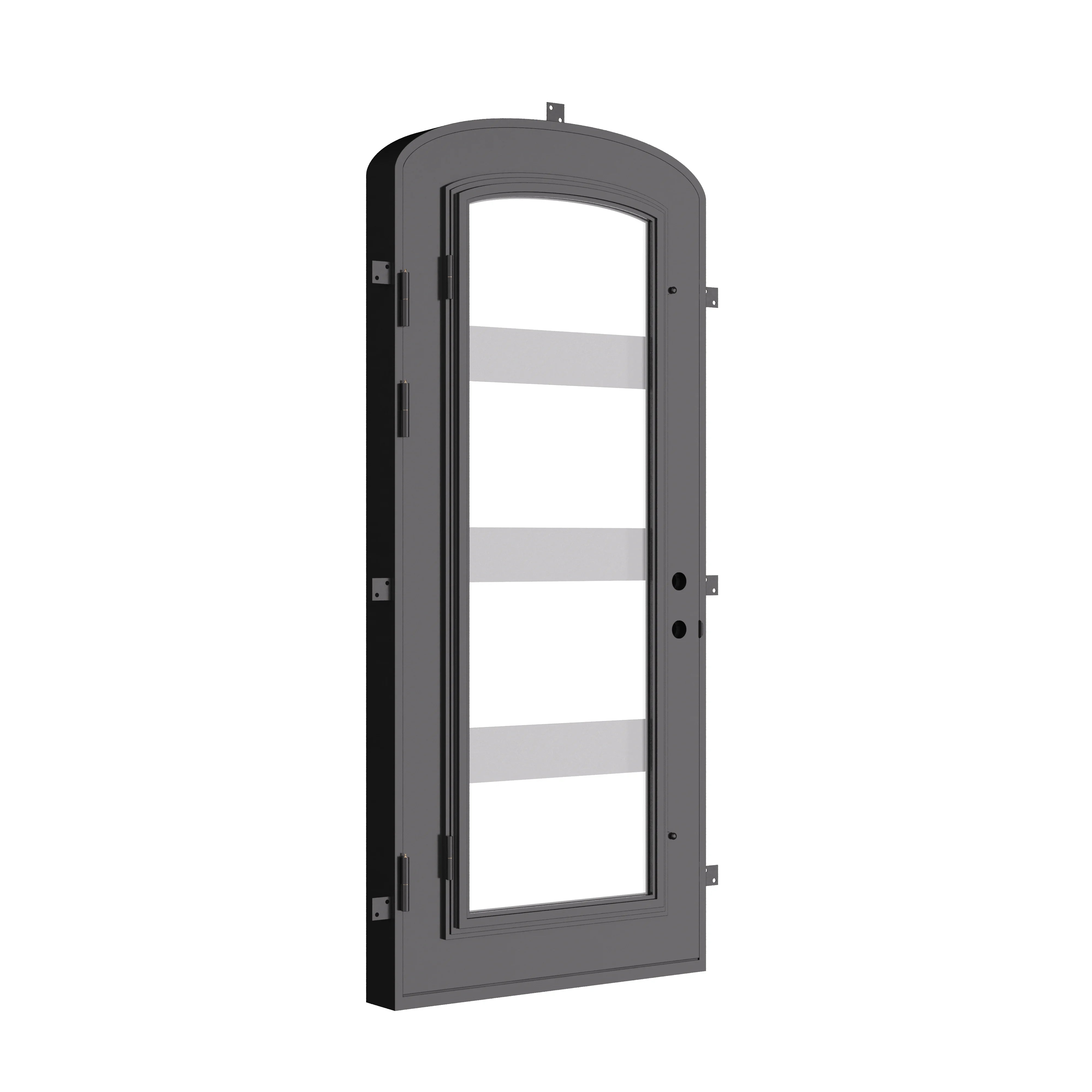 Knox black exterior iron mini arch top single door with energy efficient glass.