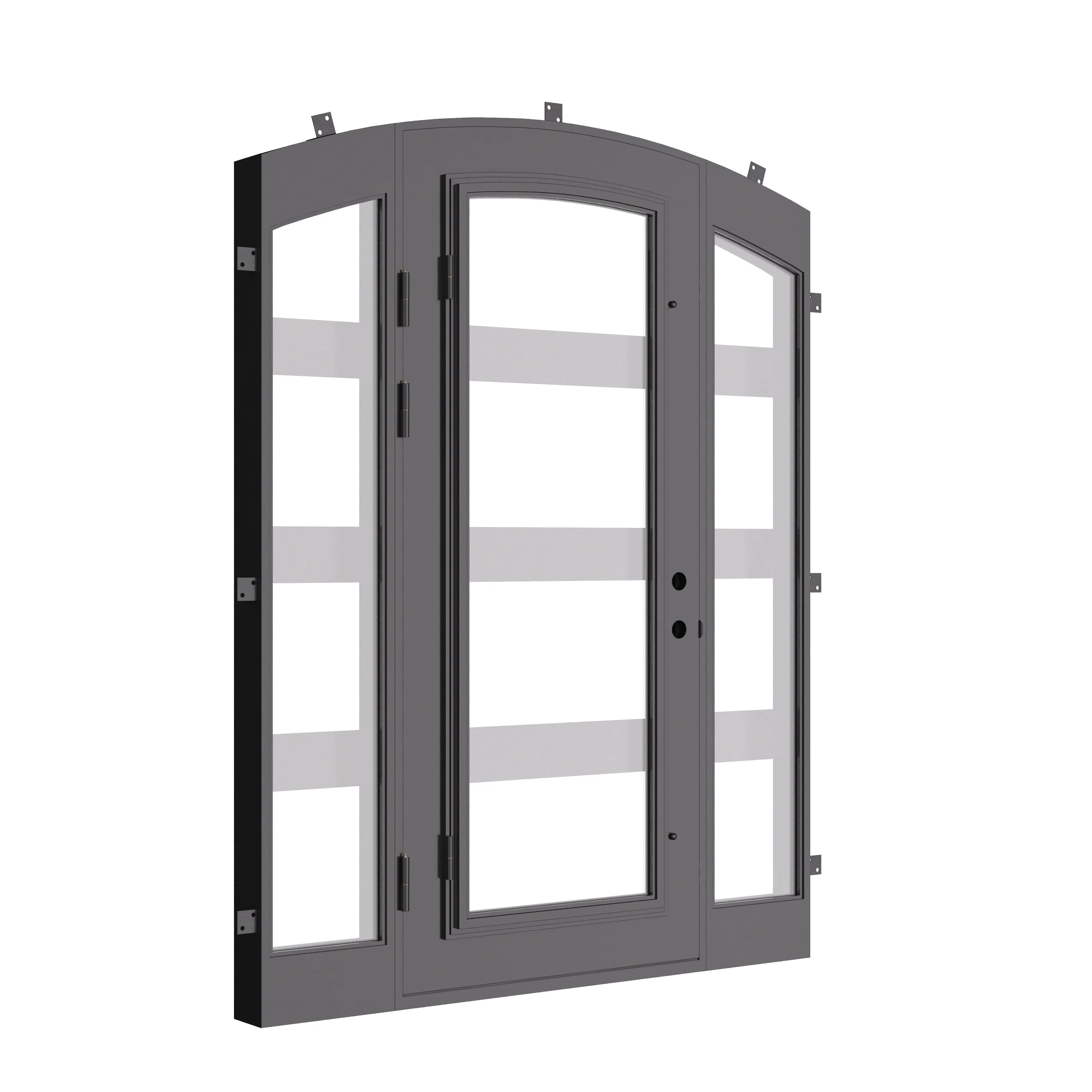 Knox black single door with arch top and sidelights.