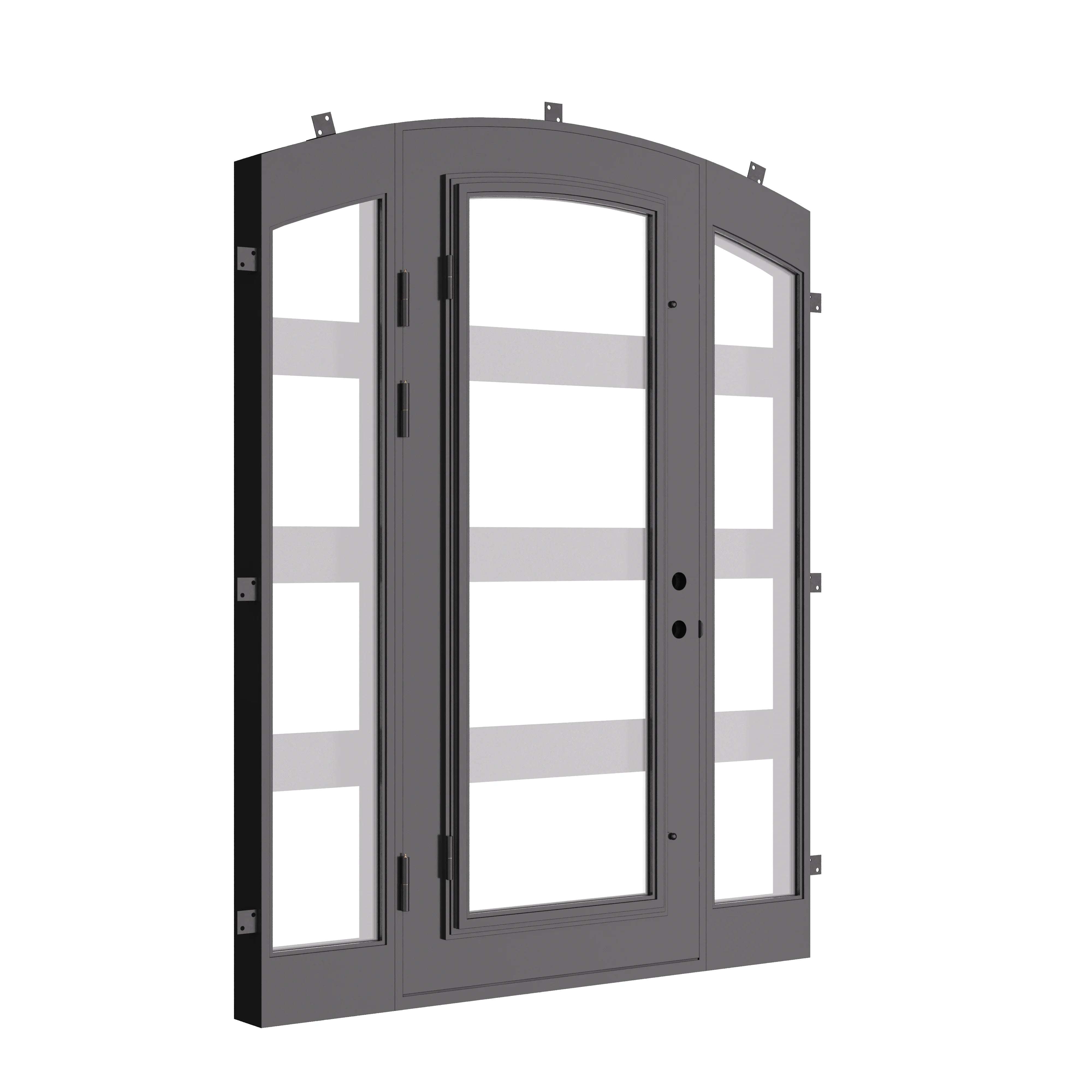 Knox matte black single door with arch top and side windows.