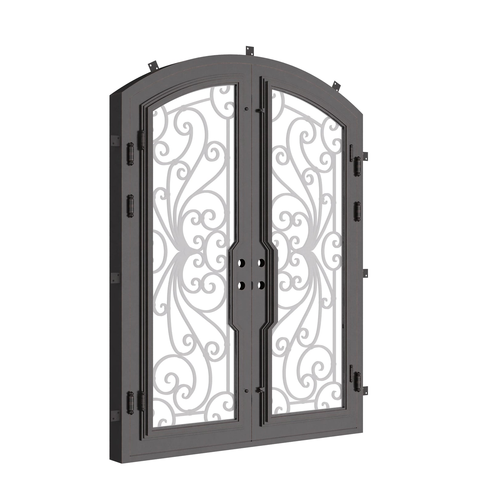 Miracle bronze toned iron double door with arched design and clear glass.