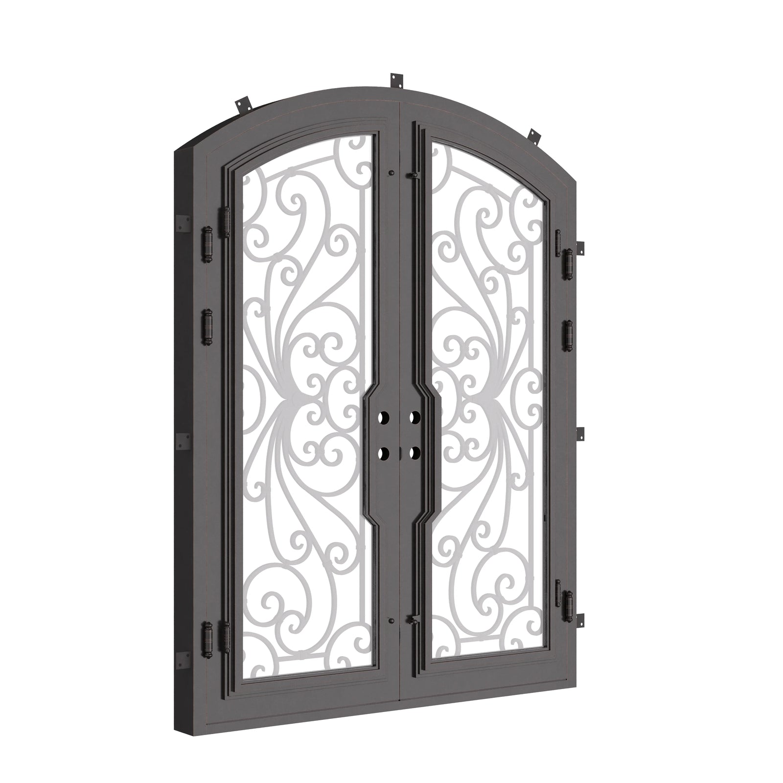 Miracle iron entry door in bronze shade with glass windows and arched style.