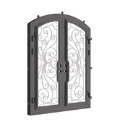 Miracle iron entry door in bronze shade with glass windows and arched style.