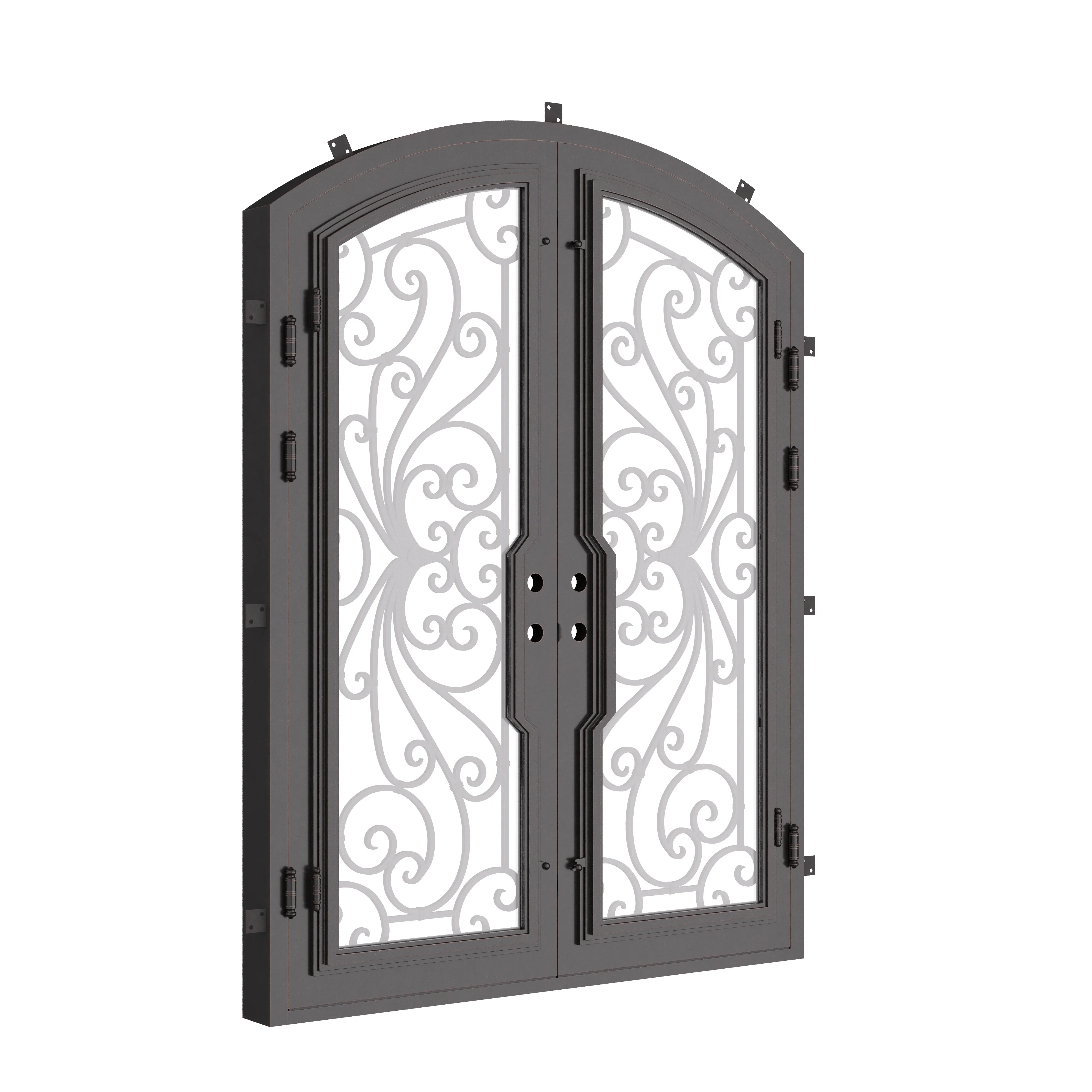 Miracle iron entry door in bronze shade with glass windows and arched style.