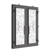 Miracle black wrought iron double square top hinged door with ornate metalwork.