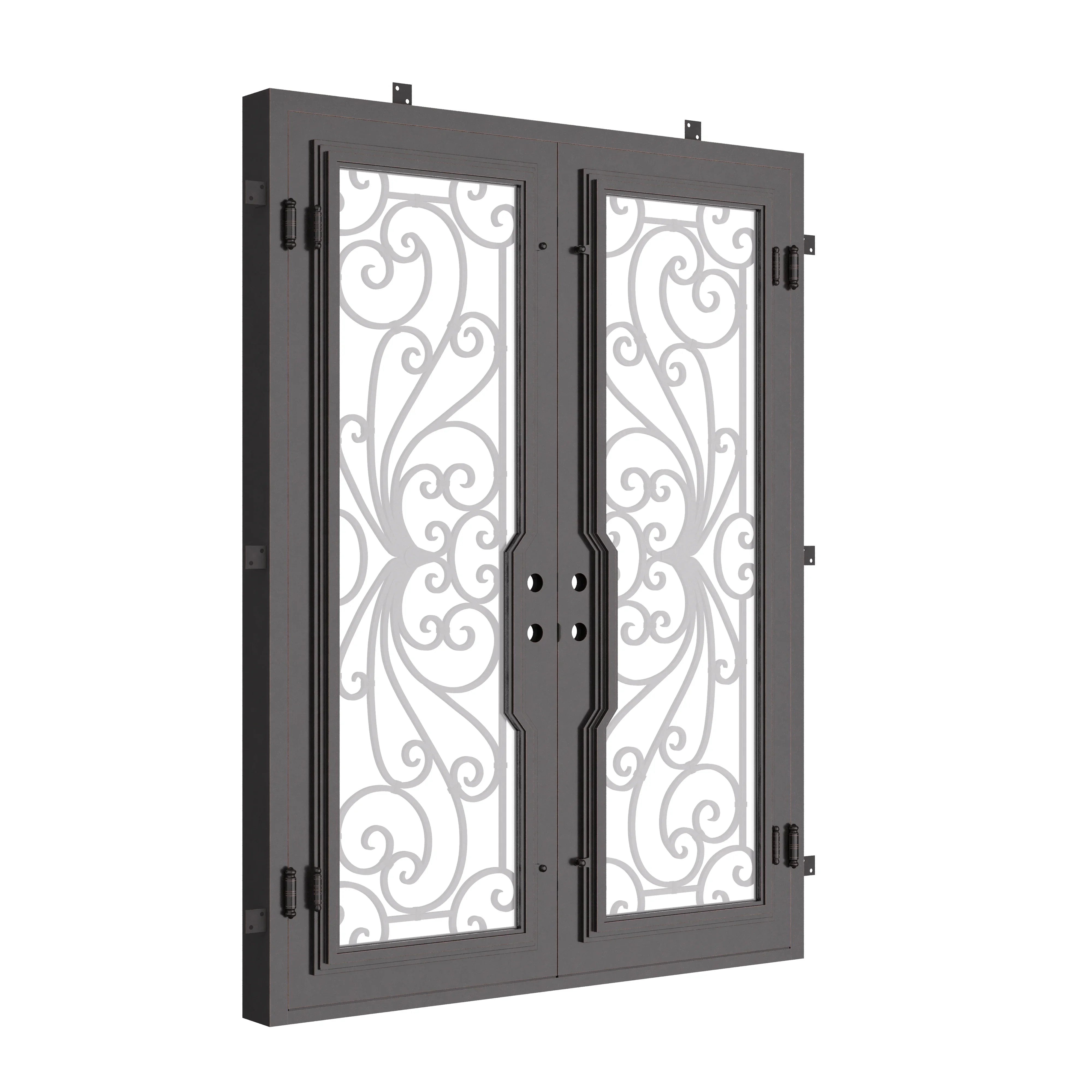 Miracle black wrought iron double square top hinged door with ornate metalwork.