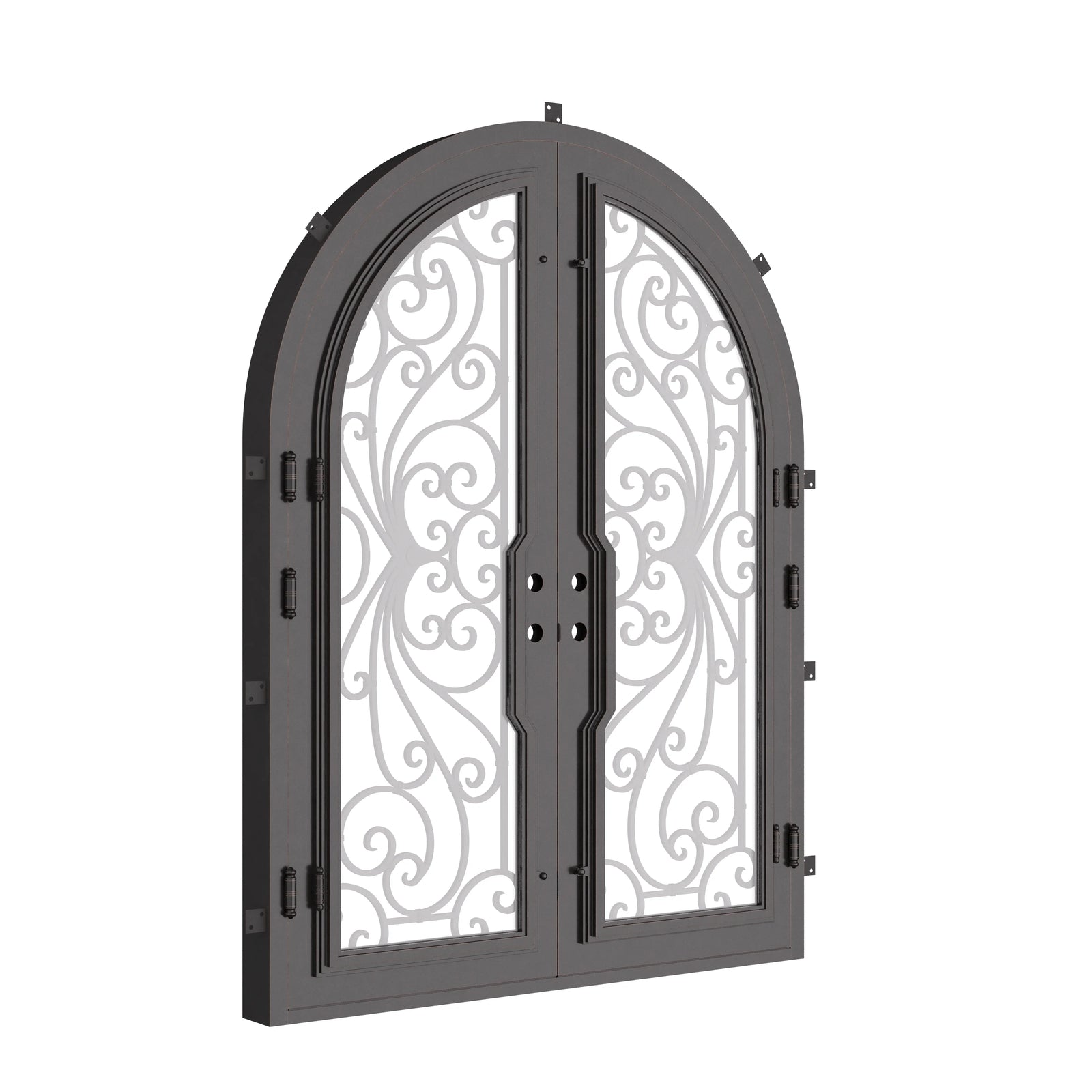 Miracle double round top french front door with decorative scrollwork and glass.