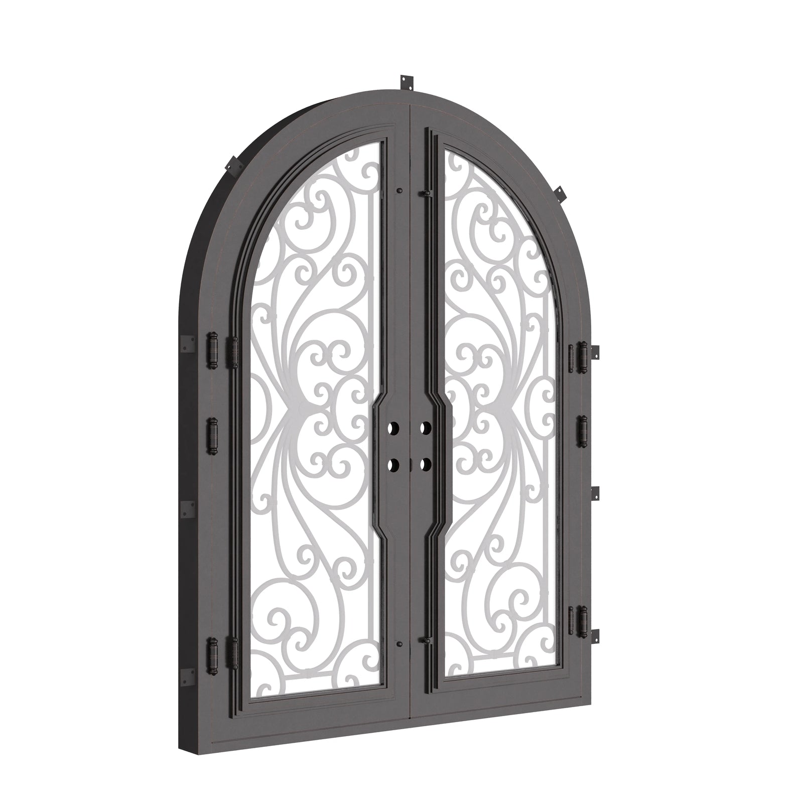 Miracle double full arch top hinged door with hand forged scrollwork and glass.