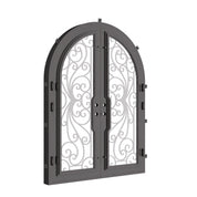 Miracle double full arch top hinged door with hand forged scrollwork and glass.