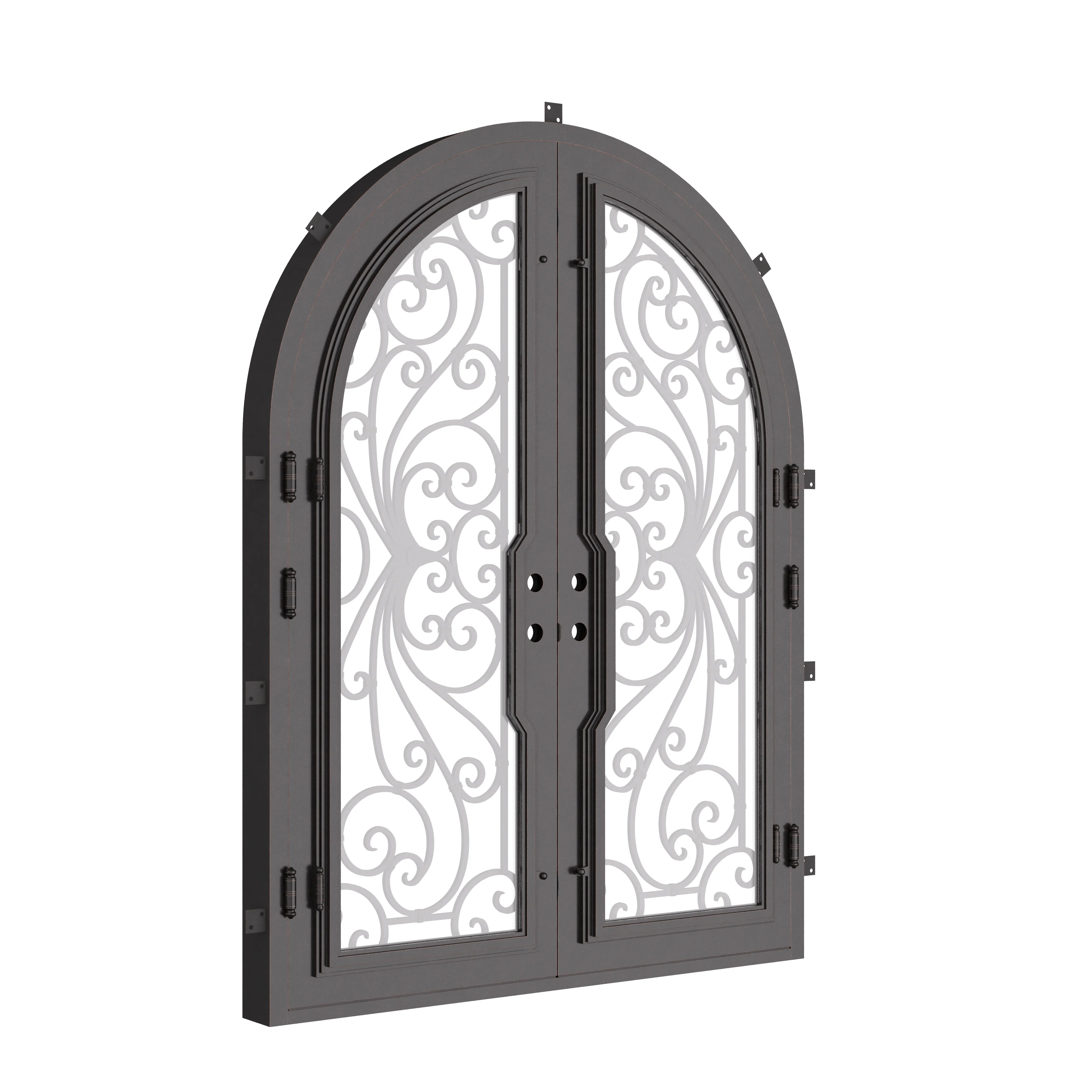 Miracle double full arch top hinged door with hand forged scrollwork and glass.