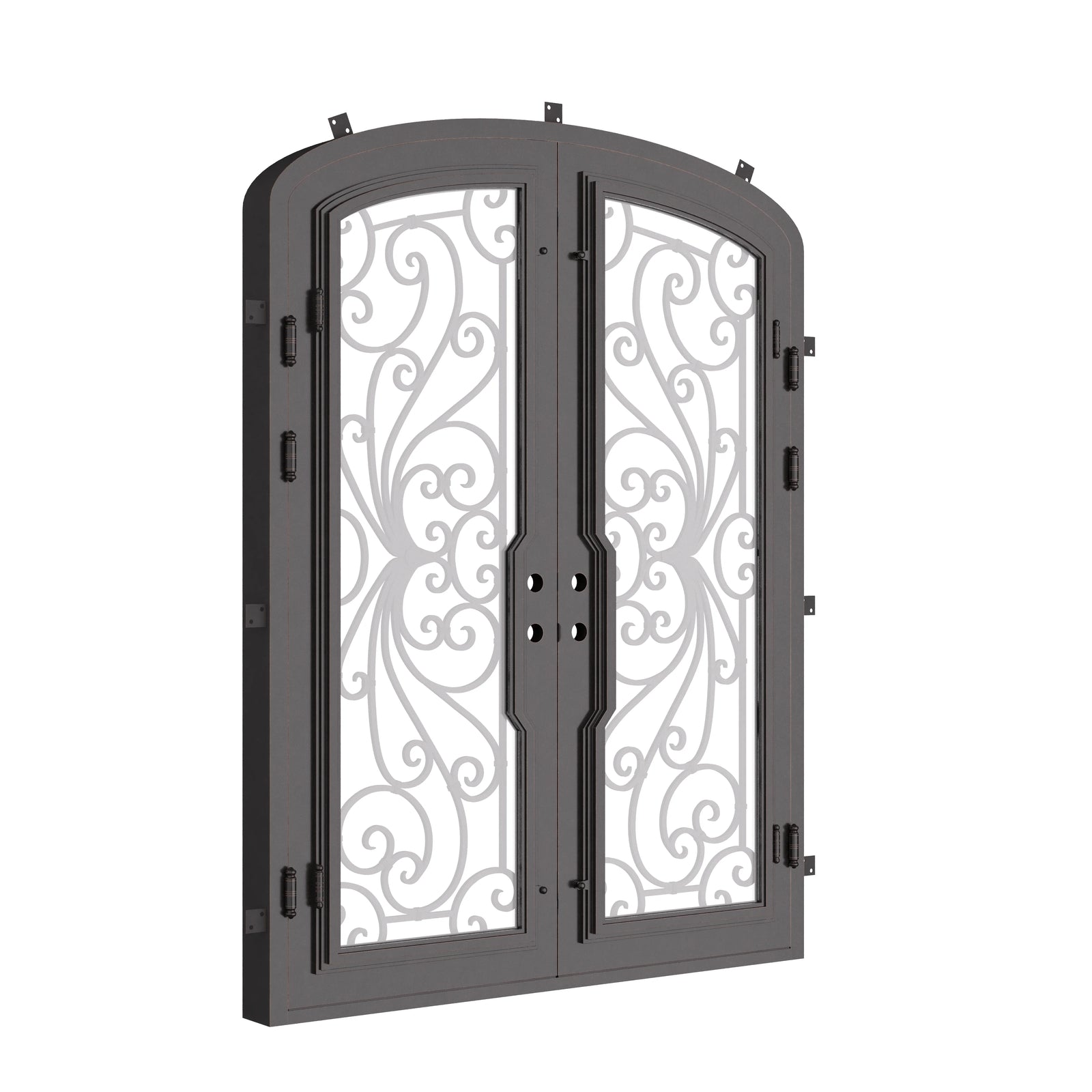 Miracle double iron door with glass windows in bronze finish and arched top.