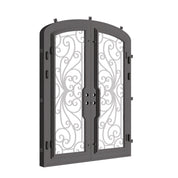 Miracle double iron door with glass windows in bronze finish and arched top.