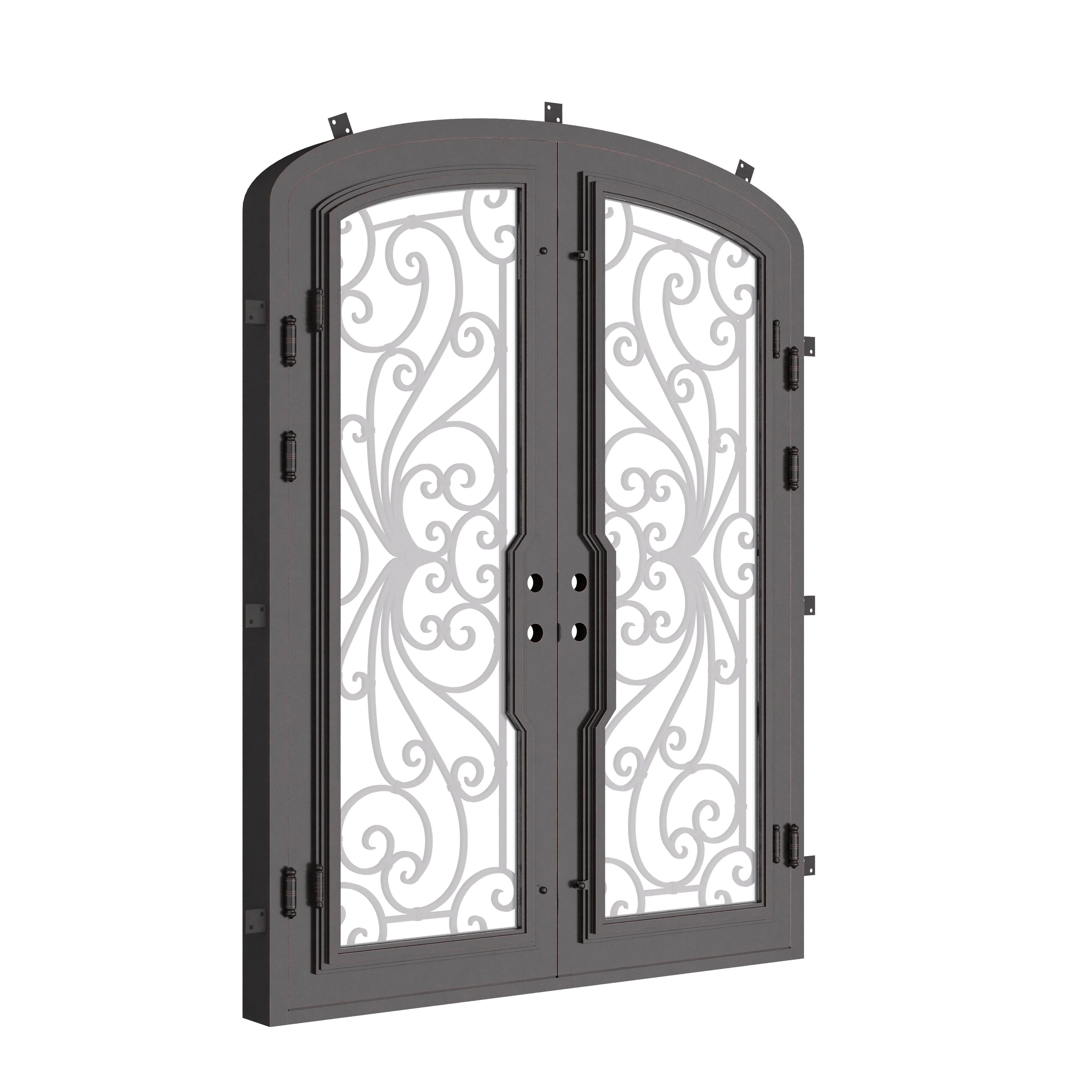 Miracle double iron door with glass windows in bronze finish and arched top.