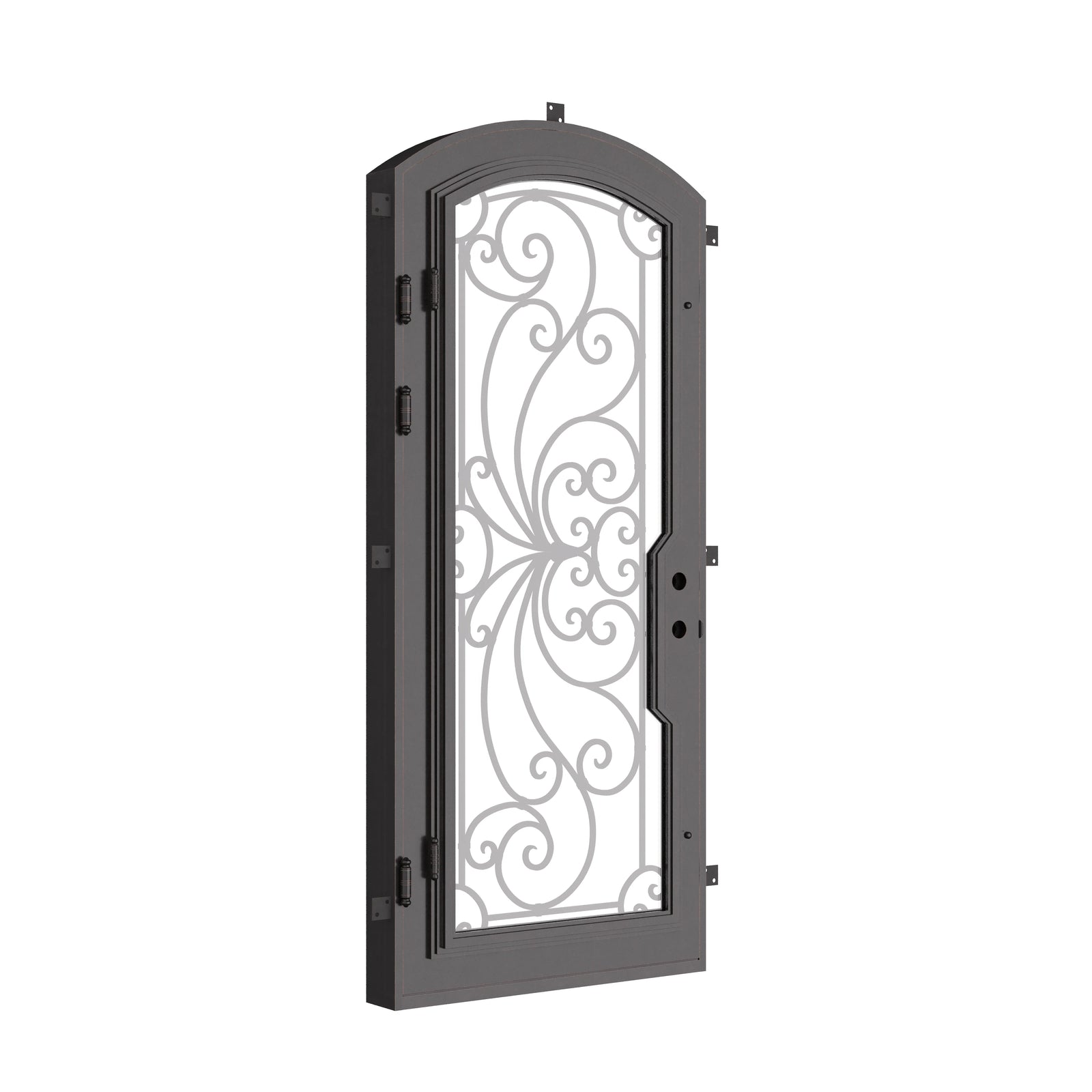 Miracle single arch top swing door with dual-pane tempered glass in black.