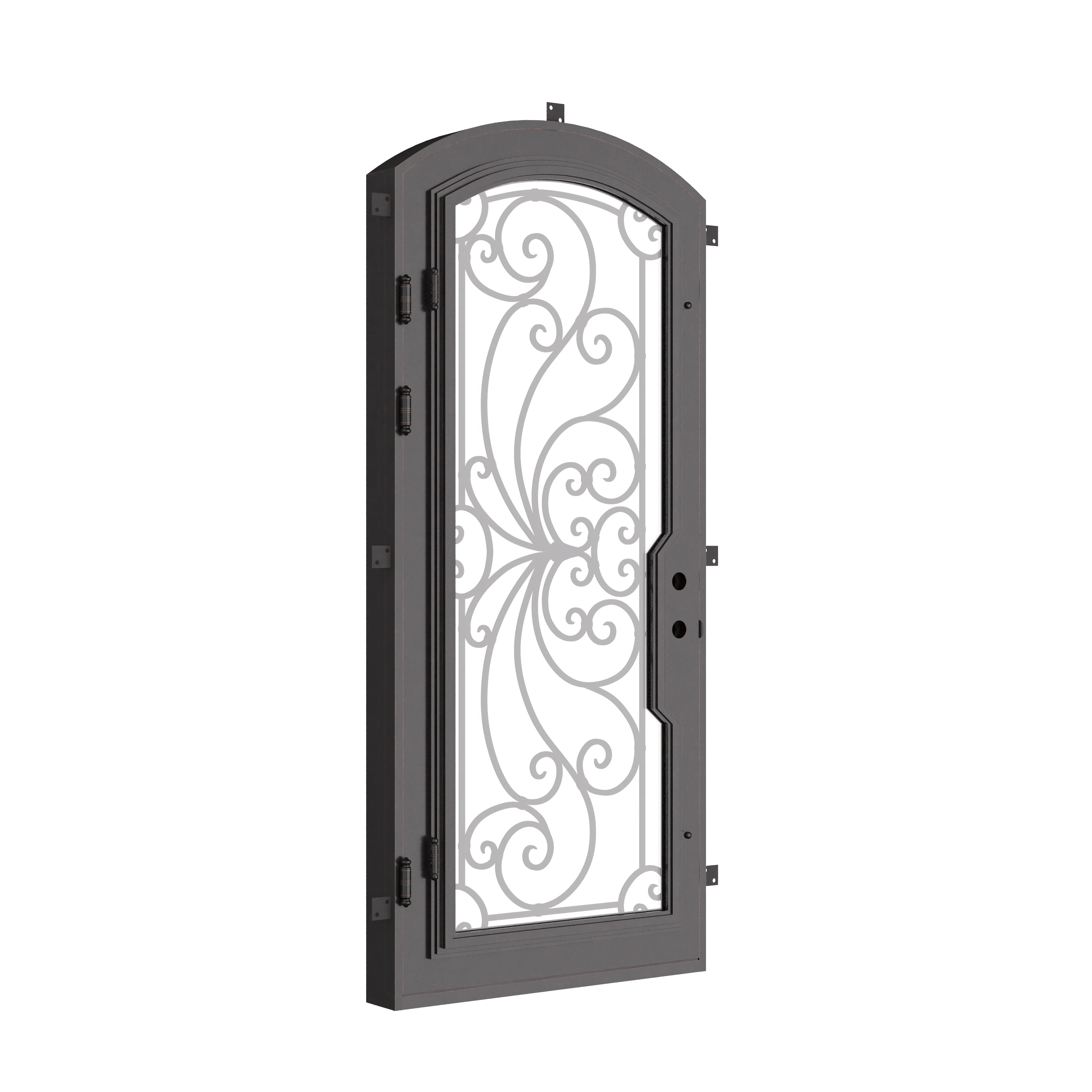 Miracle single arch top swing door with dual-pane tempered glass in black.