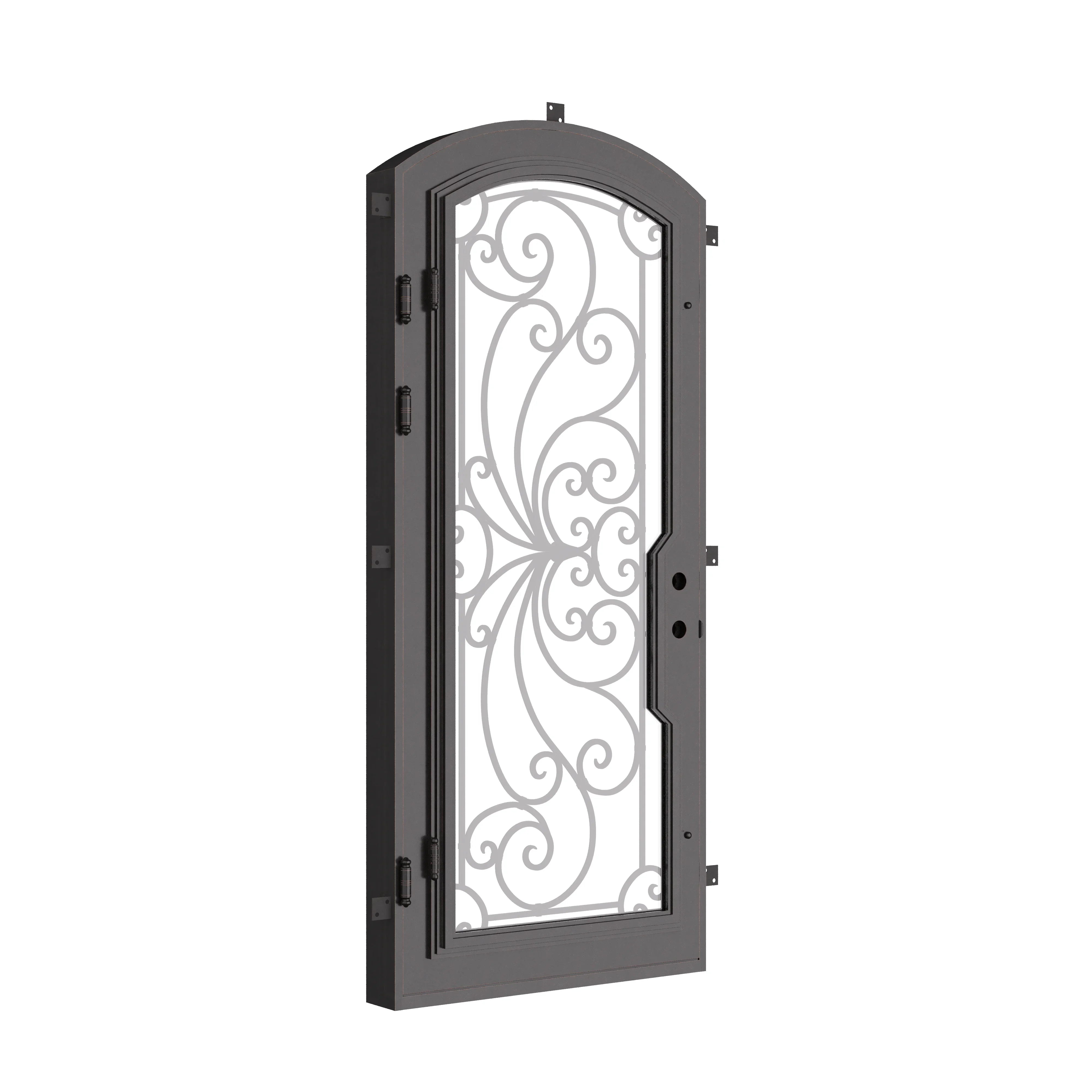 Miracle pre-hung bronze color wrought iron arch top entry door with glass.