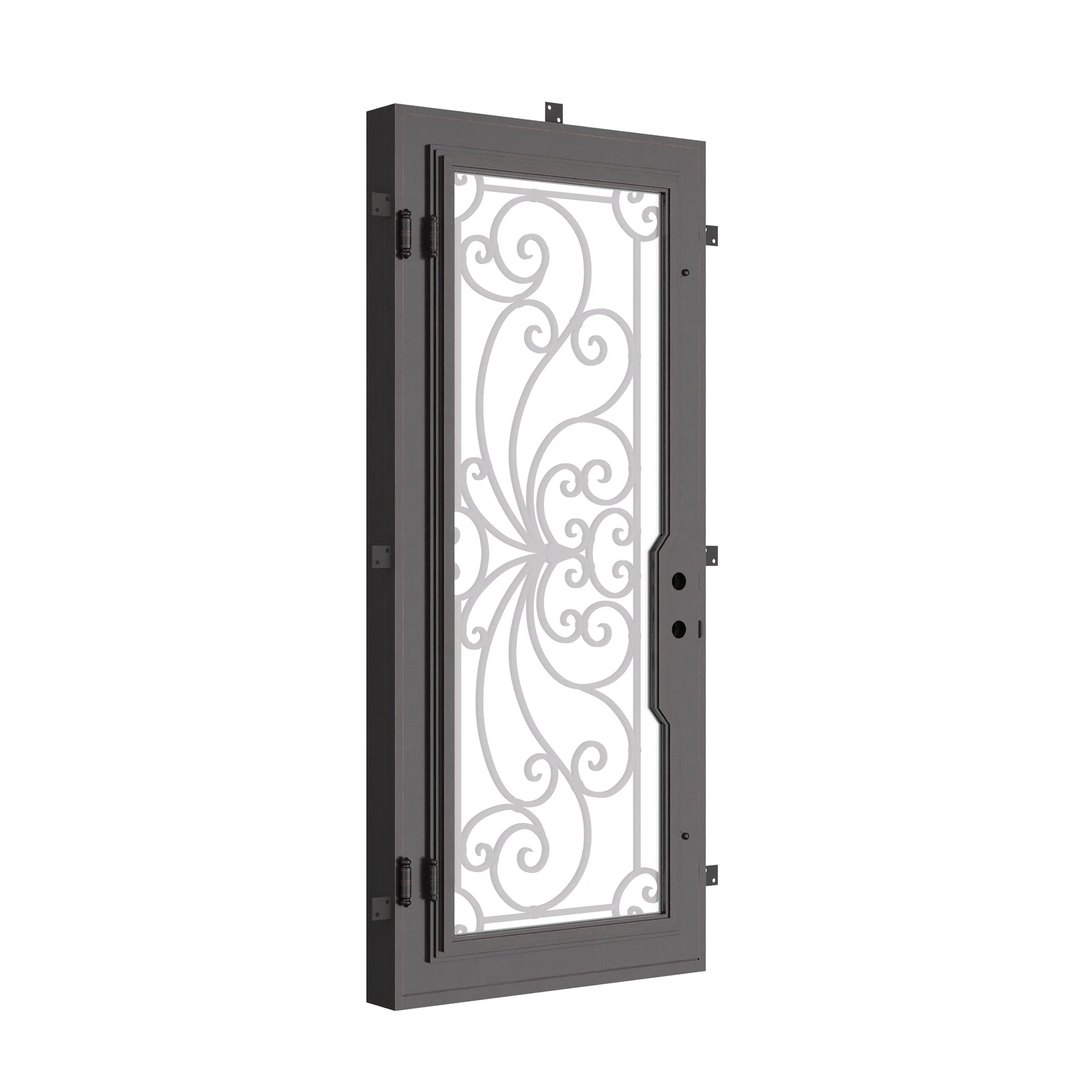 Miracle Pre-hung bronze color wrought iron door with operable glass panel.