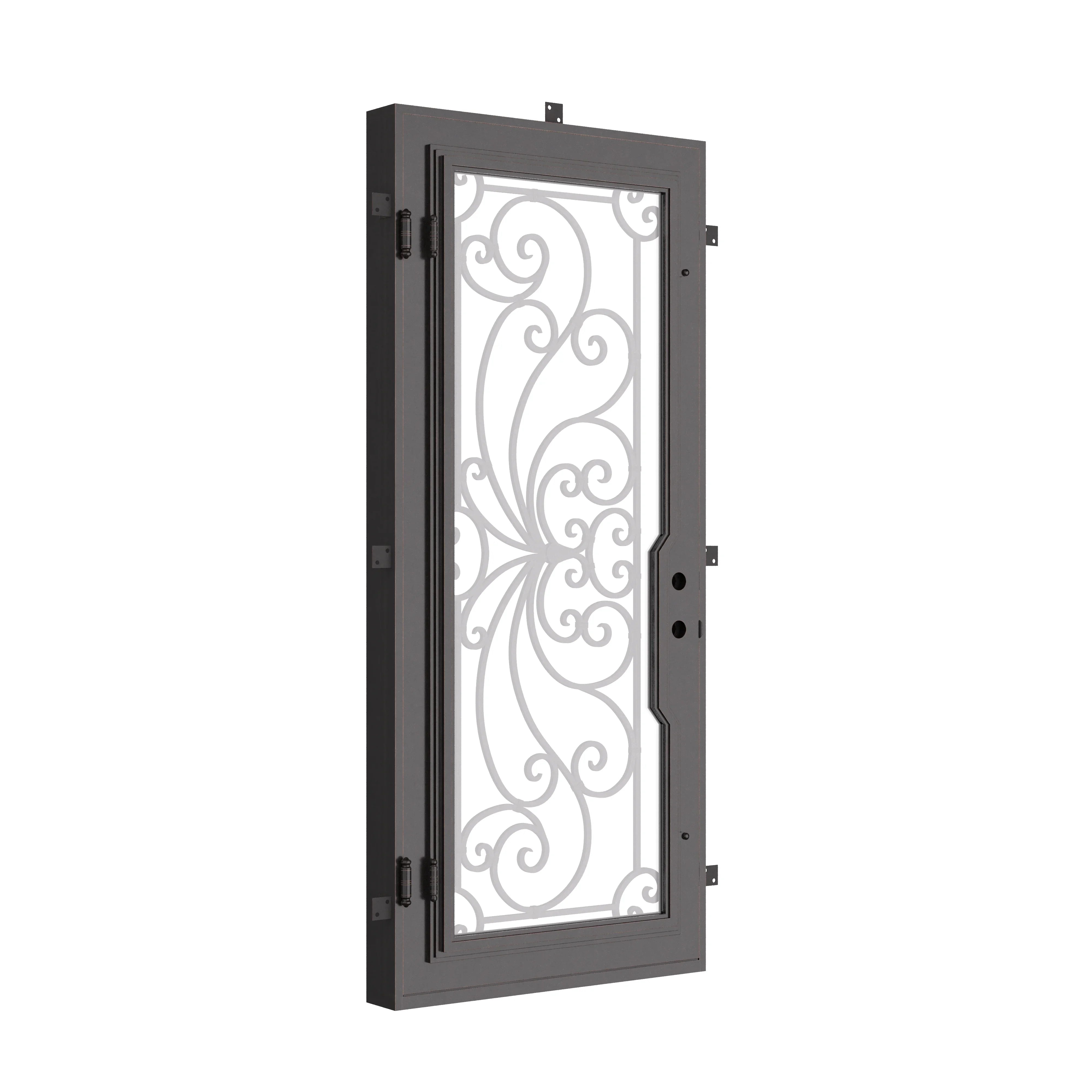 Miracle Pre-hung bronze color wrought iron door with operable glass panel.