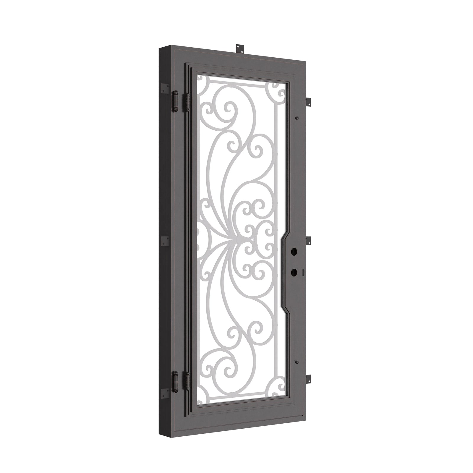 Miracle Single flat top door with double-pane tempered glass and ornate ironwork.