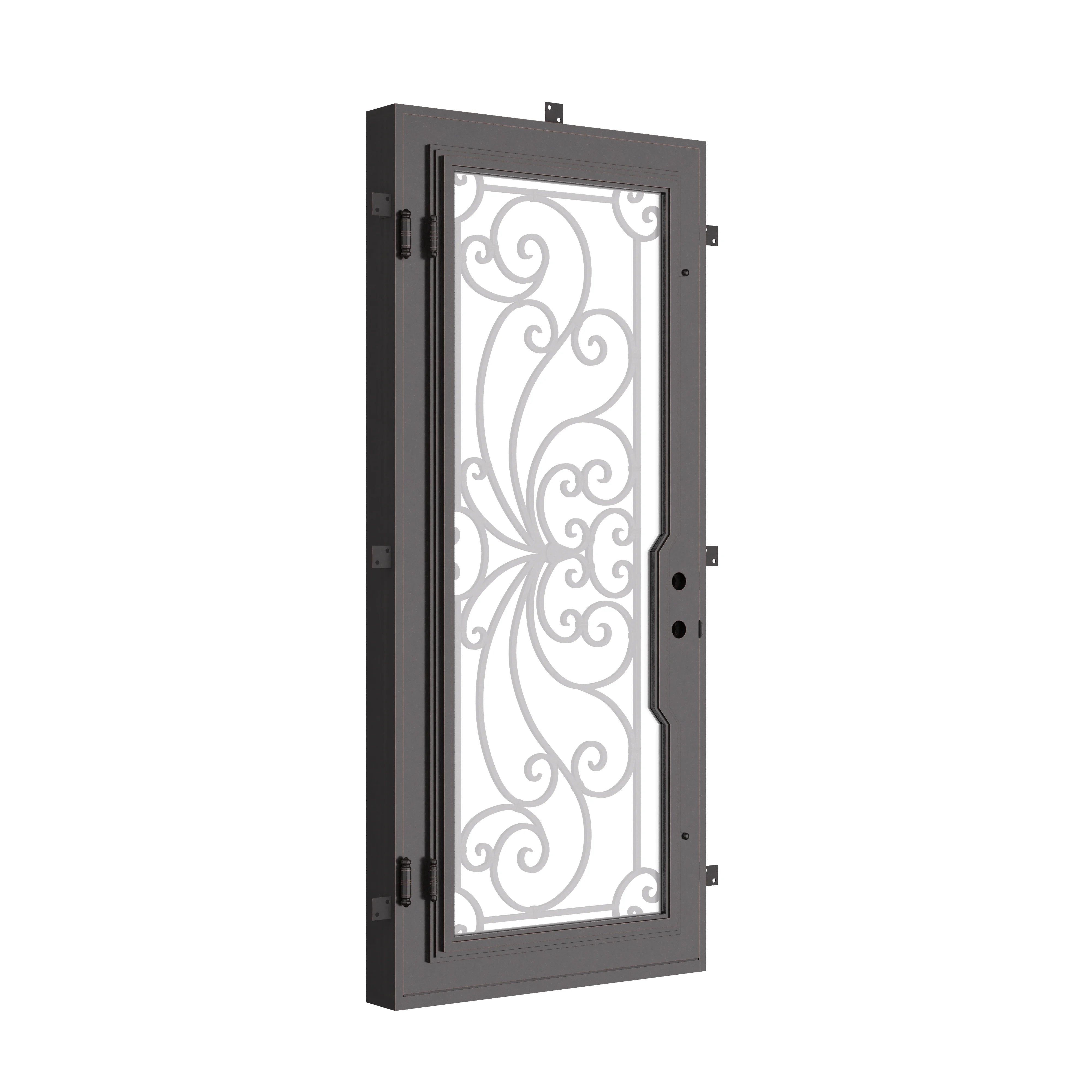 Miracle Single flat top door with double-pane tempered glass and ornate ironwork.