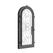 Miracle black exterior wrought iron single full arch door with double-pane glass.