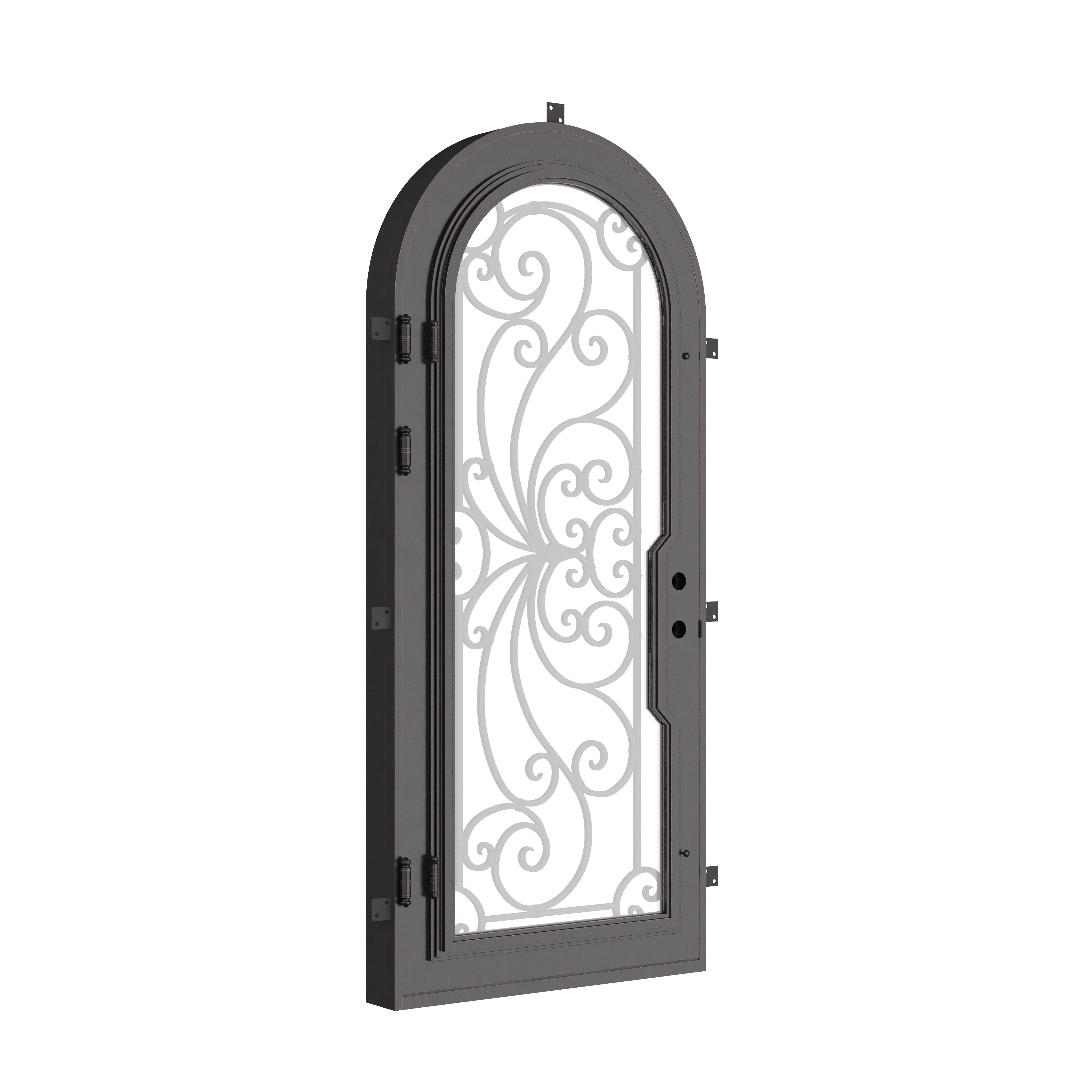 Miracle black exterior wrought iron single full arch door with double-pane glass.
