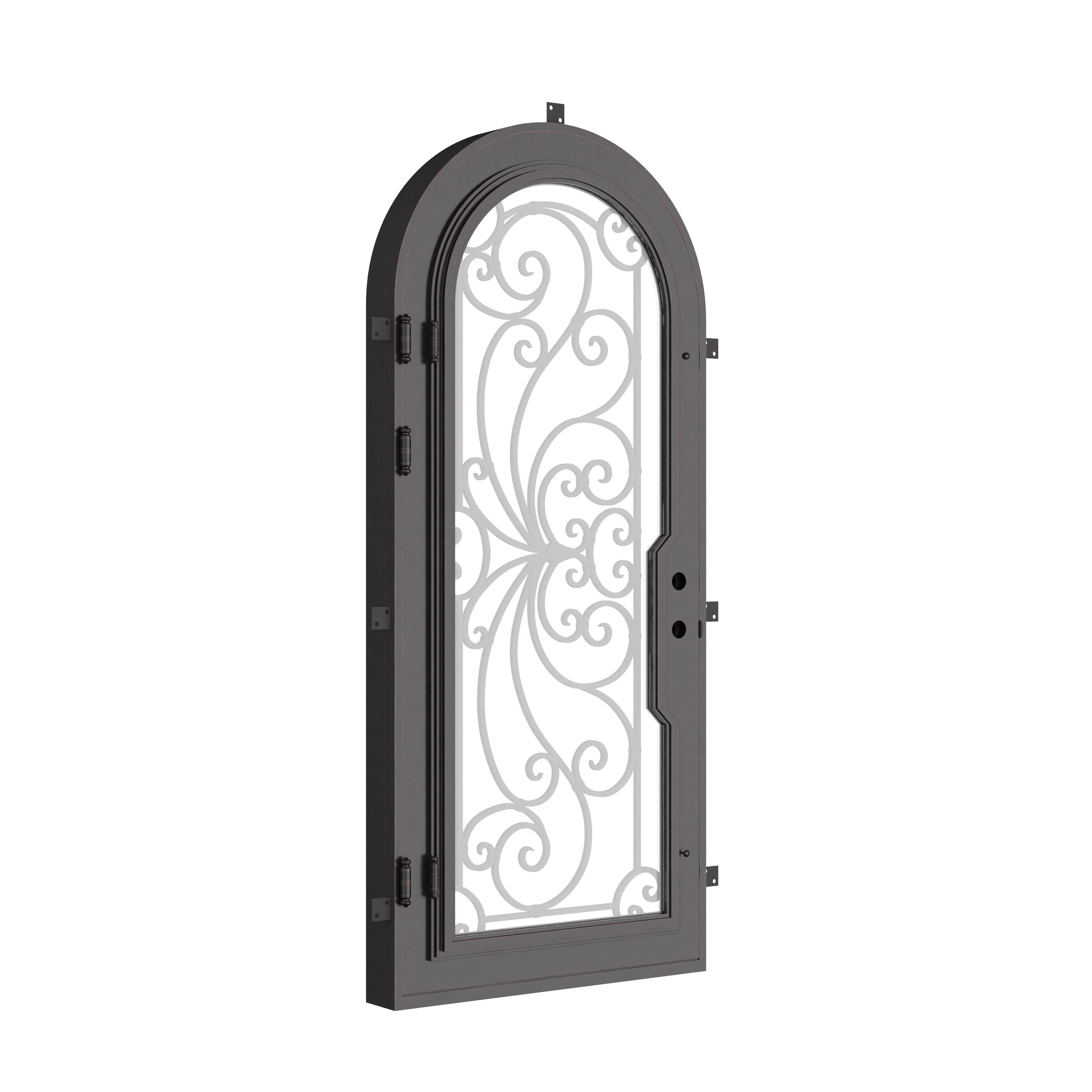 Miracle single round top swing door with decorative scrollwork and dual-pane glass.