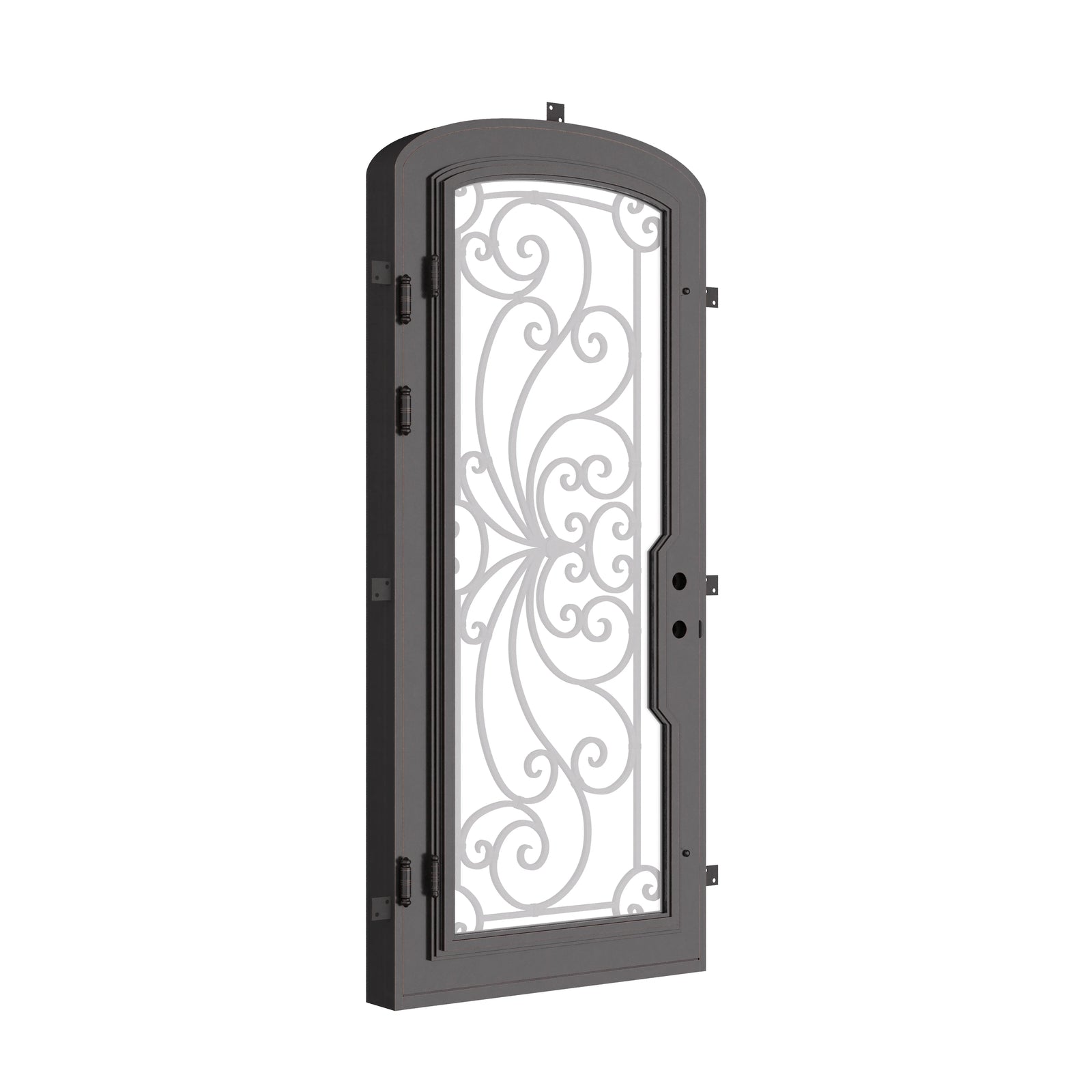 Miracle mini arch top single iron door with energy efficient double tempered glass.