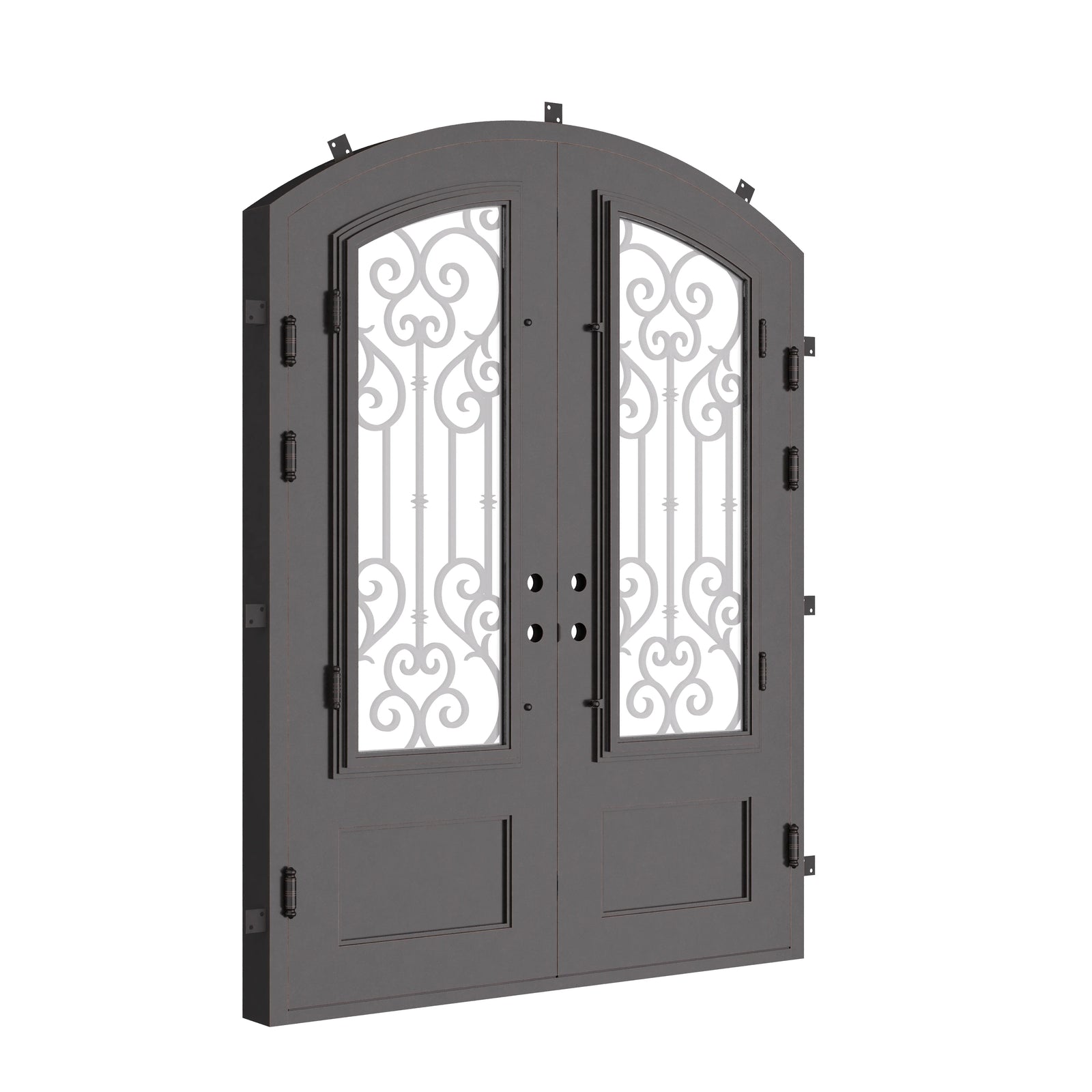New York double door in bronze shade with clear glass and arched top.