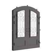 New York double door in bronze shade with clear glass and arched top.