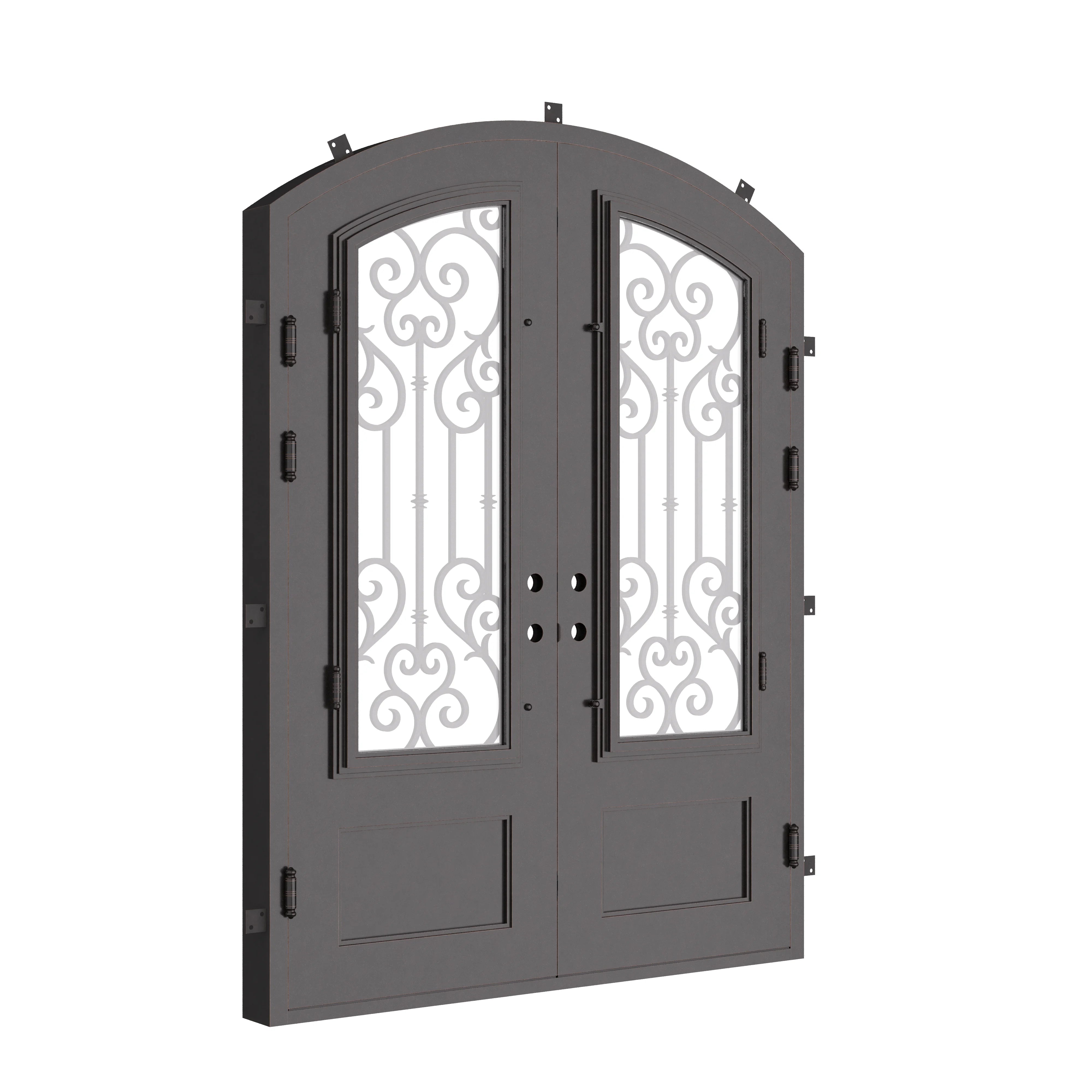 New York double door in bronze shade with clear glass and arched top.