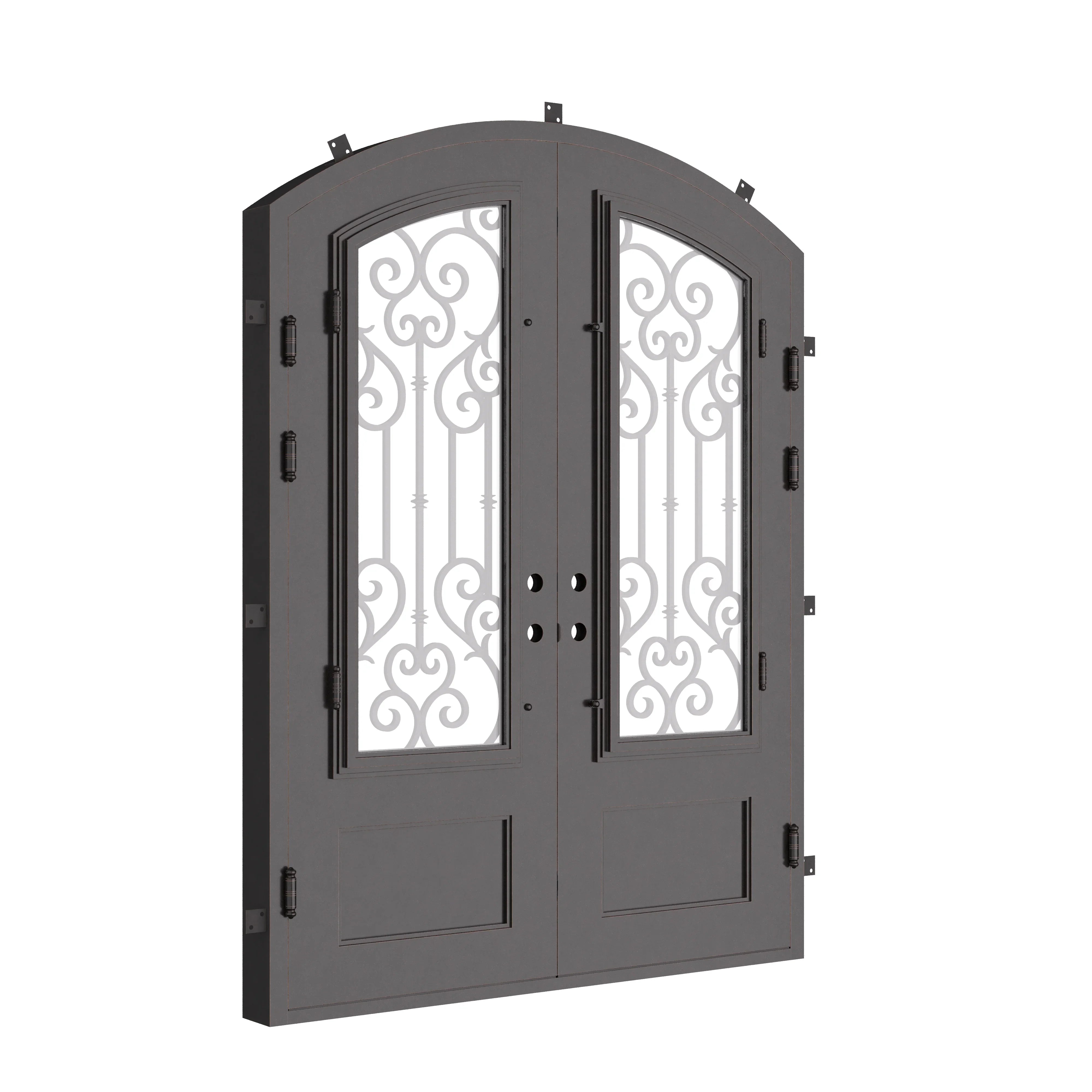 New York black colored arched top metal door with thermal break and glass.