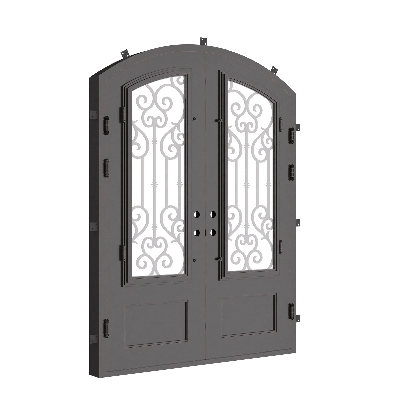 New York bronze shaded double iron door with glass and arched design.