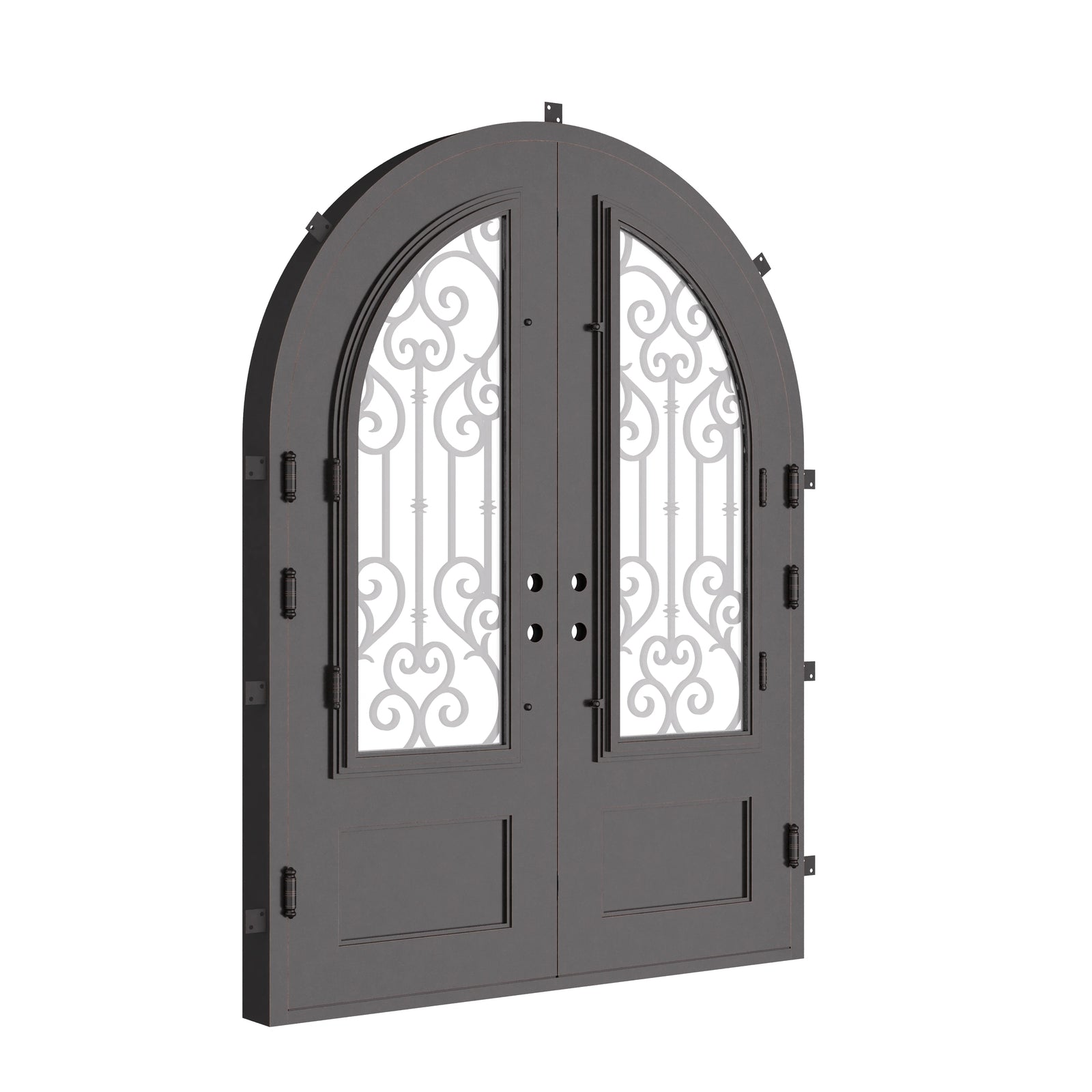 New York french radius top front door with thick double-pane glass in bronze.