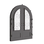 New York french radius top front door with thick double-pane glass in bronze.