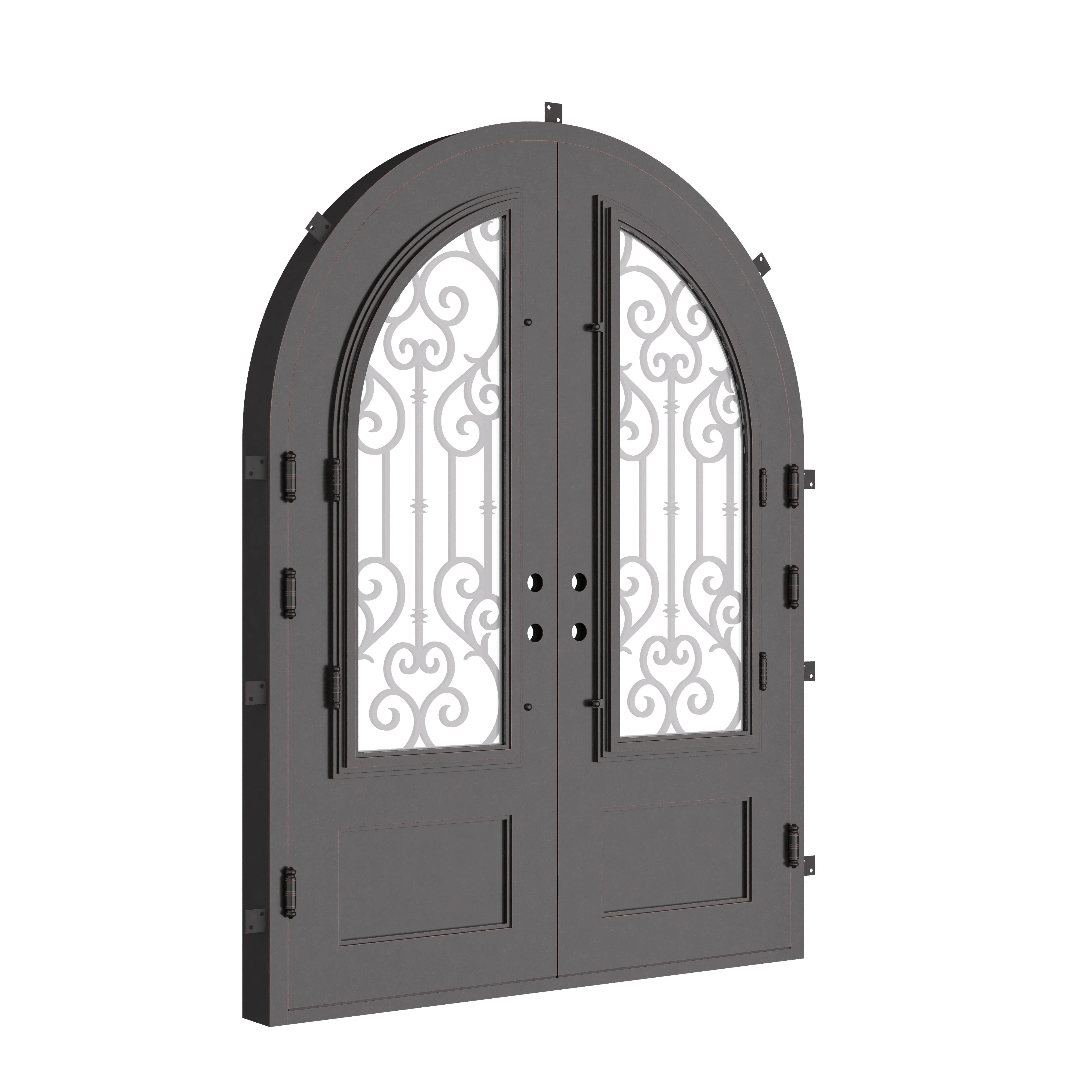 New York french radius top front door with thick double-pane glass in bronze.