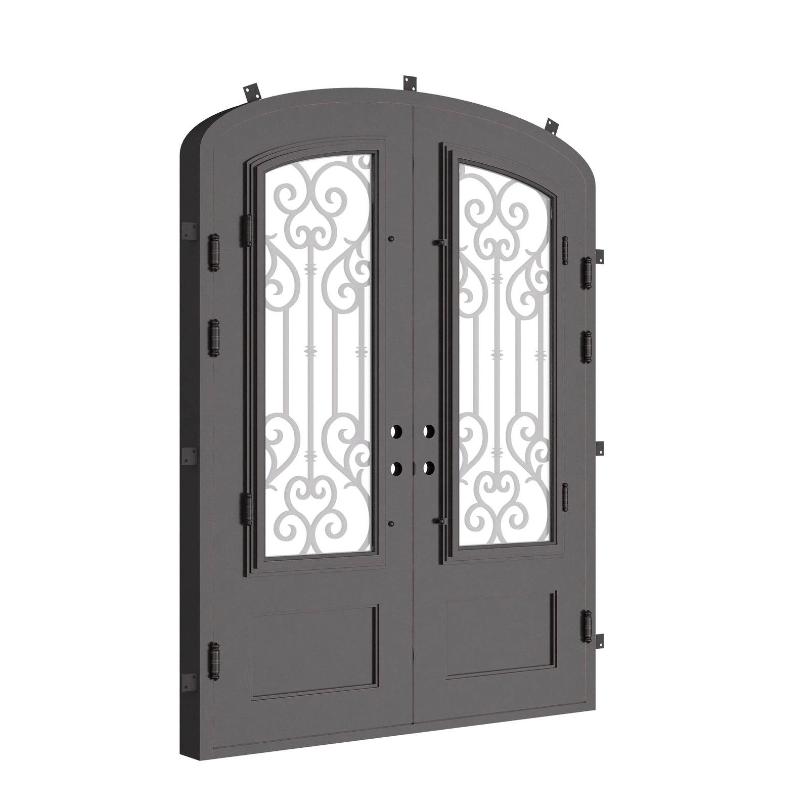 New York arch top entry door in bronze tone with clear glass.