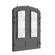 New York arch top entry door in bronze tone with clear glass.